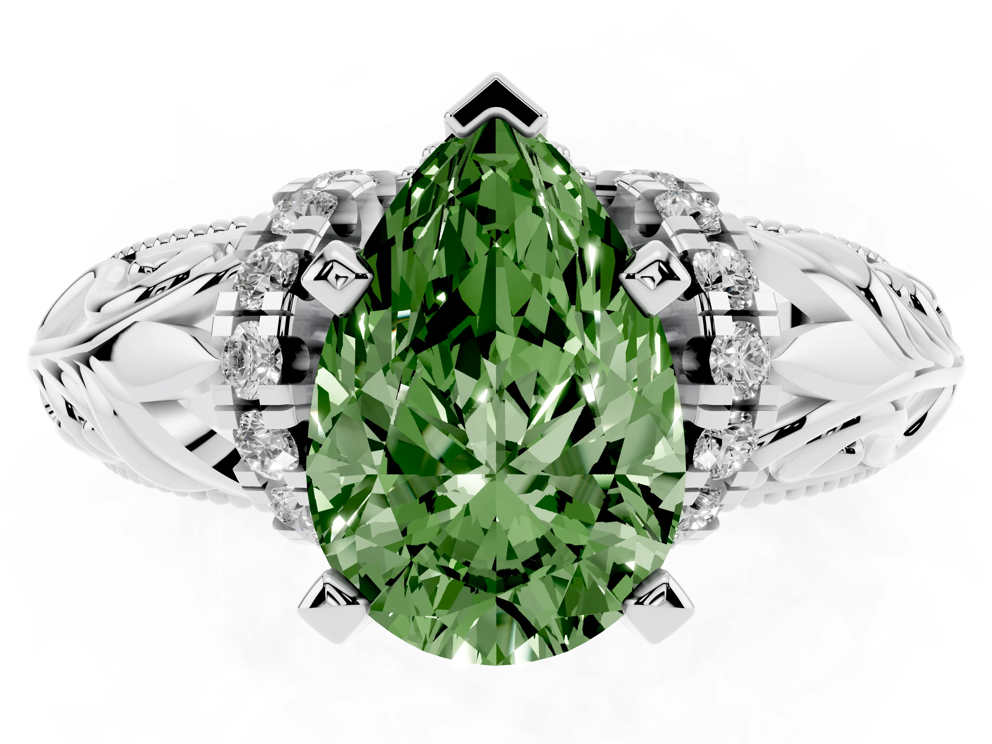 Fancy Green Pear Cut Diamond Filigree Halo Engagement Ring Set in White gold with Prong Setting