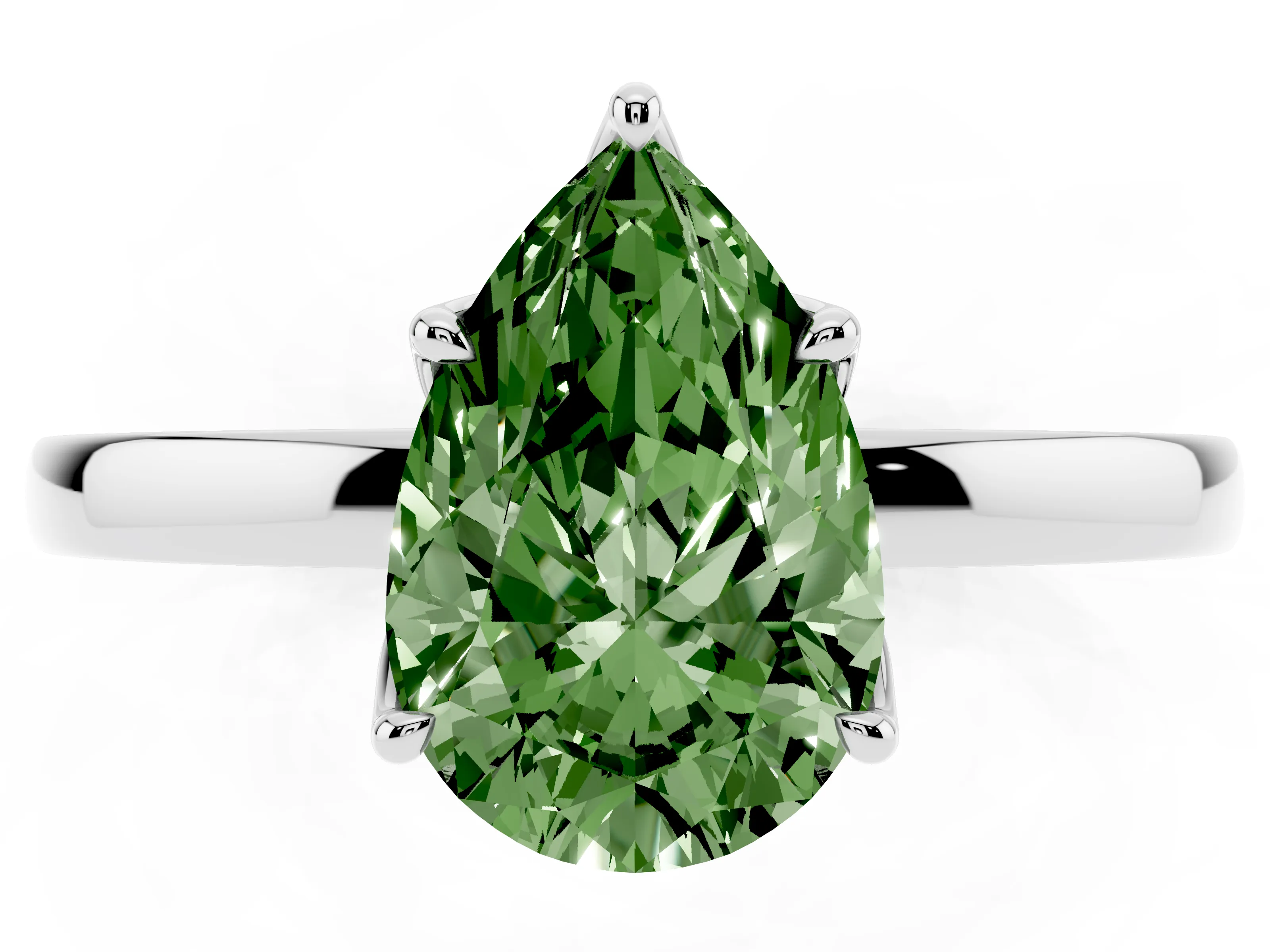 Fancy Green Pear Cut Diamond Solitaire Ring Set in Platinum with Prong Setting and Thin Polished Band