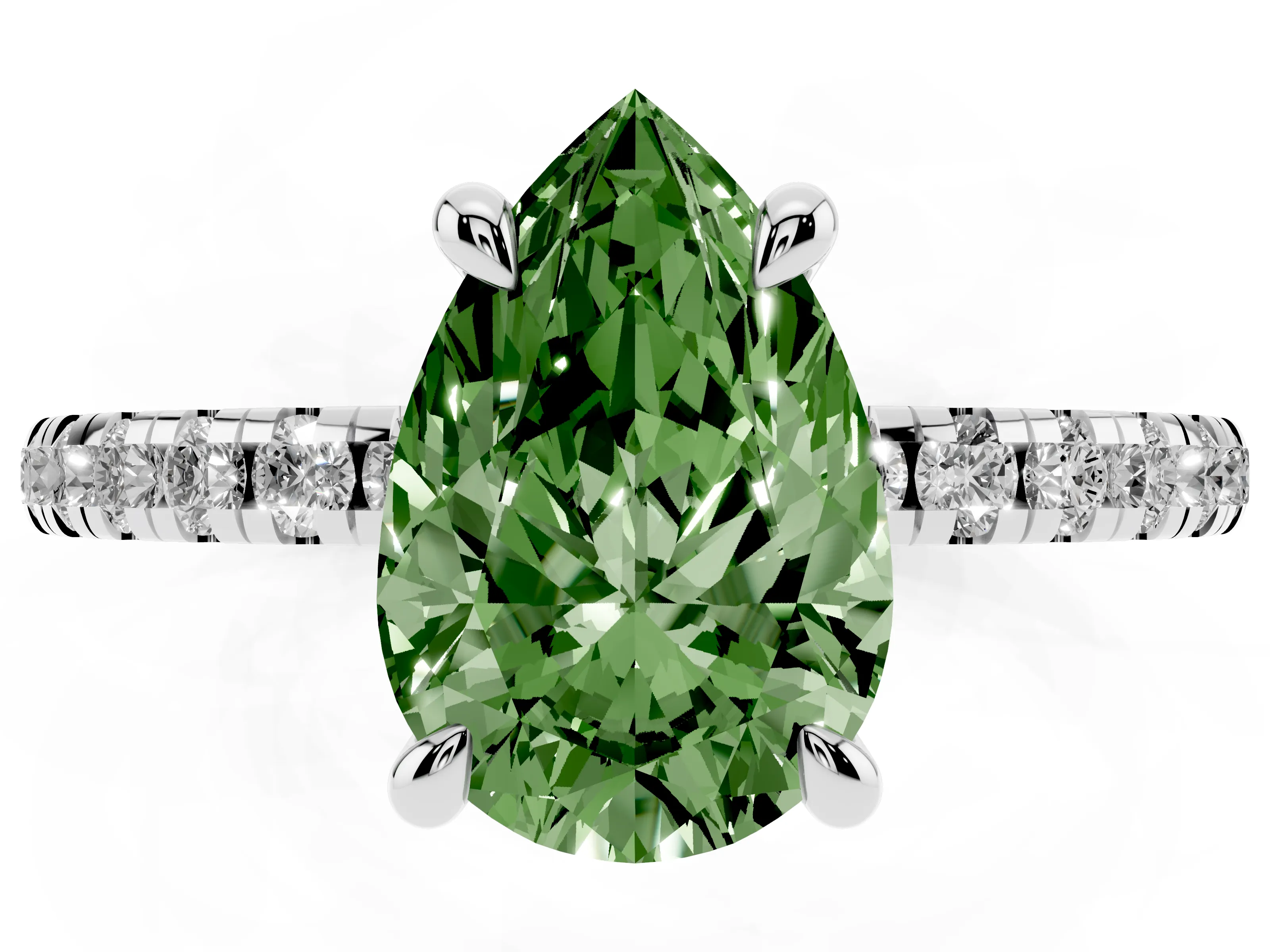 Fancy Green Pear Cut Diamond Brilliant Solitaire Ring Set in White gold with Pavé Band and Prong Setting