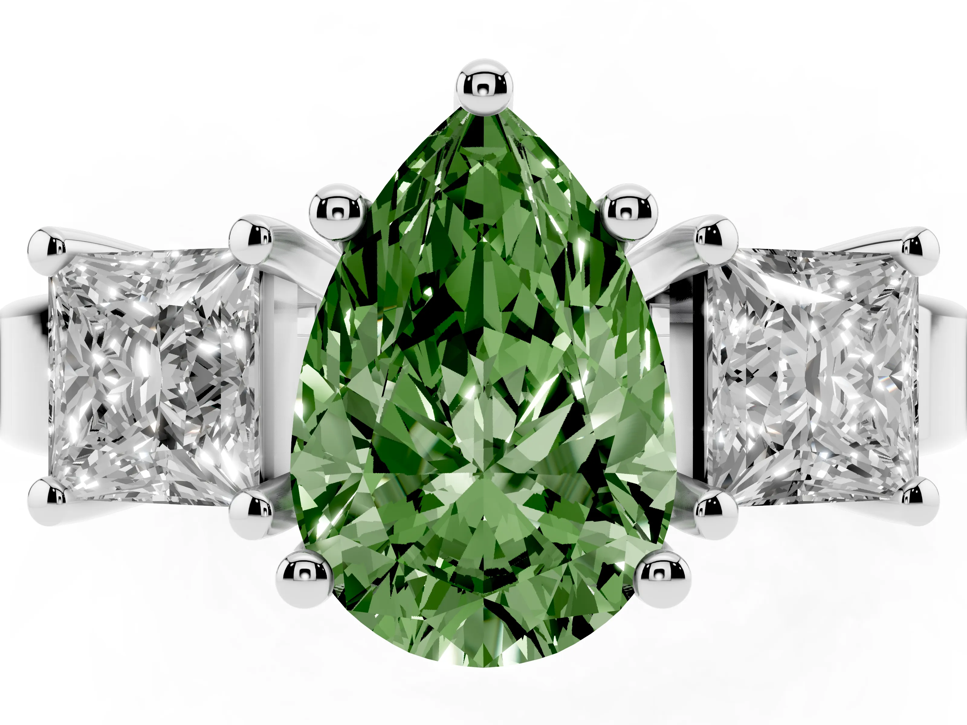 Fancy Green Three-Stone Pear Cut Diamond Solitaire Ring Set in Platinum with Prong Setting