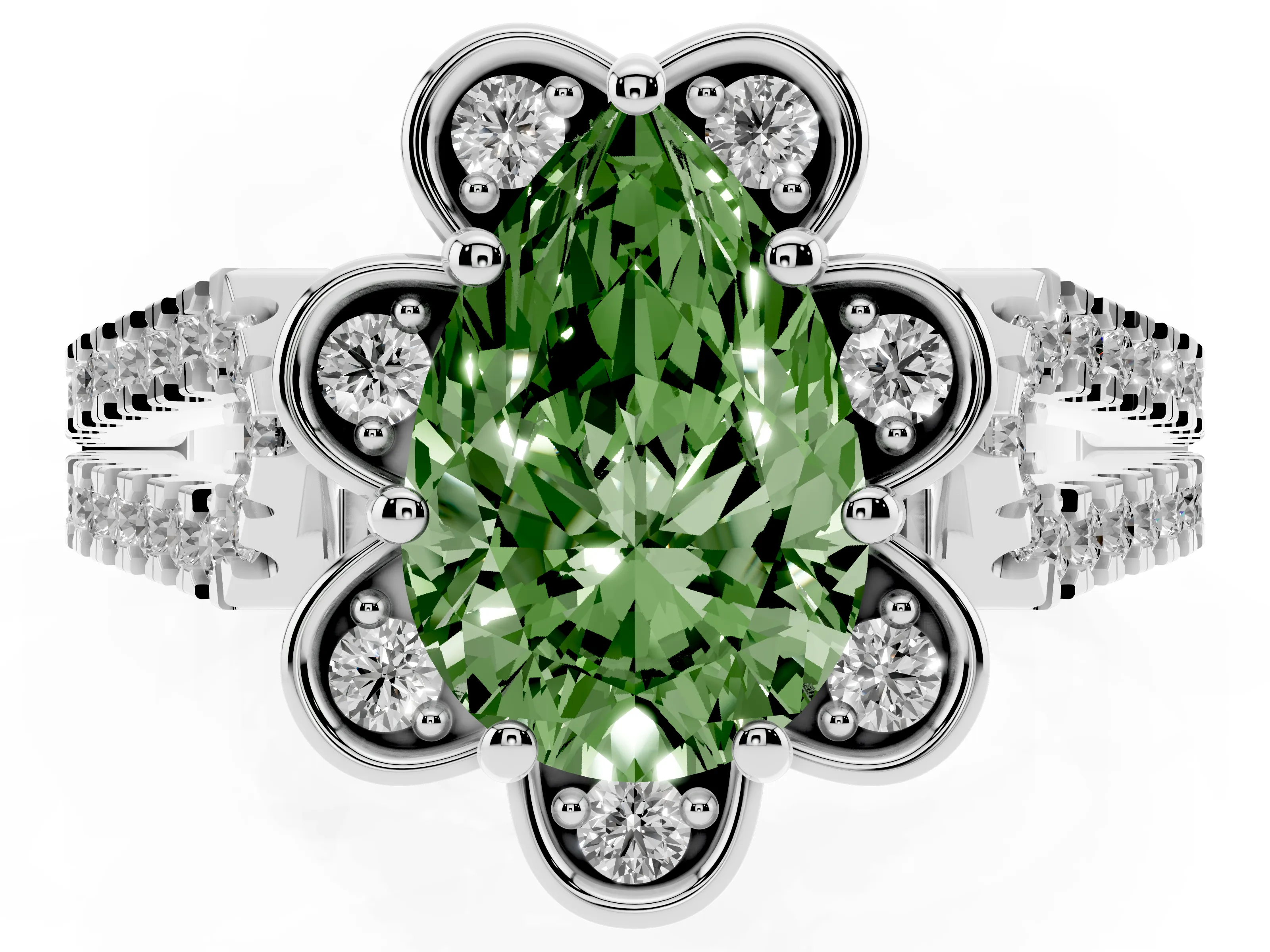 Fancy Green Pear Cut Diamond Floral Halo Split Shank Engagement Ring Set in Platinum with Pavé Shank