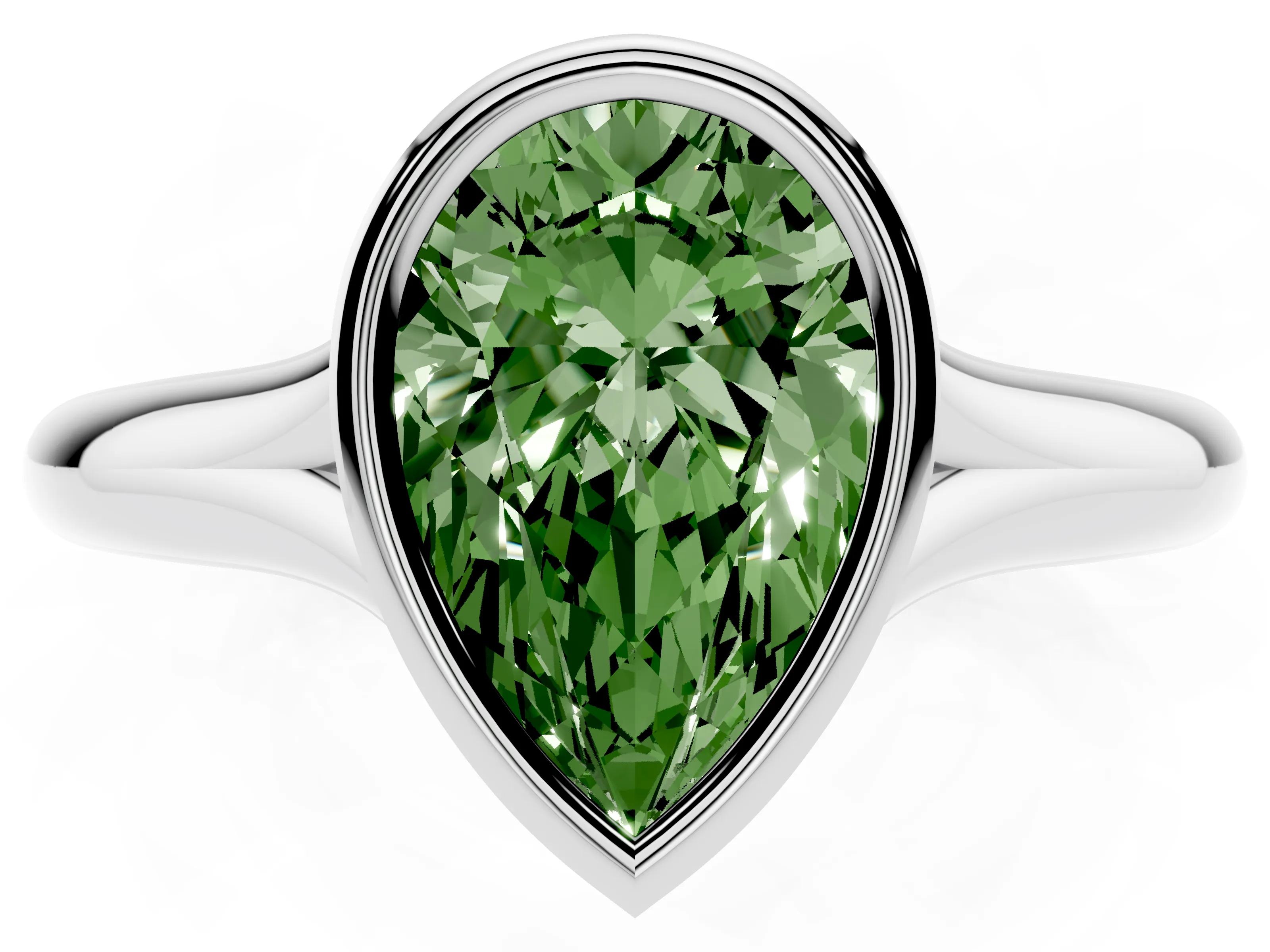 Fancy Green Bezel Set Pear Cut Diamond Solitaire Ring Set in White gold with Smooth Band