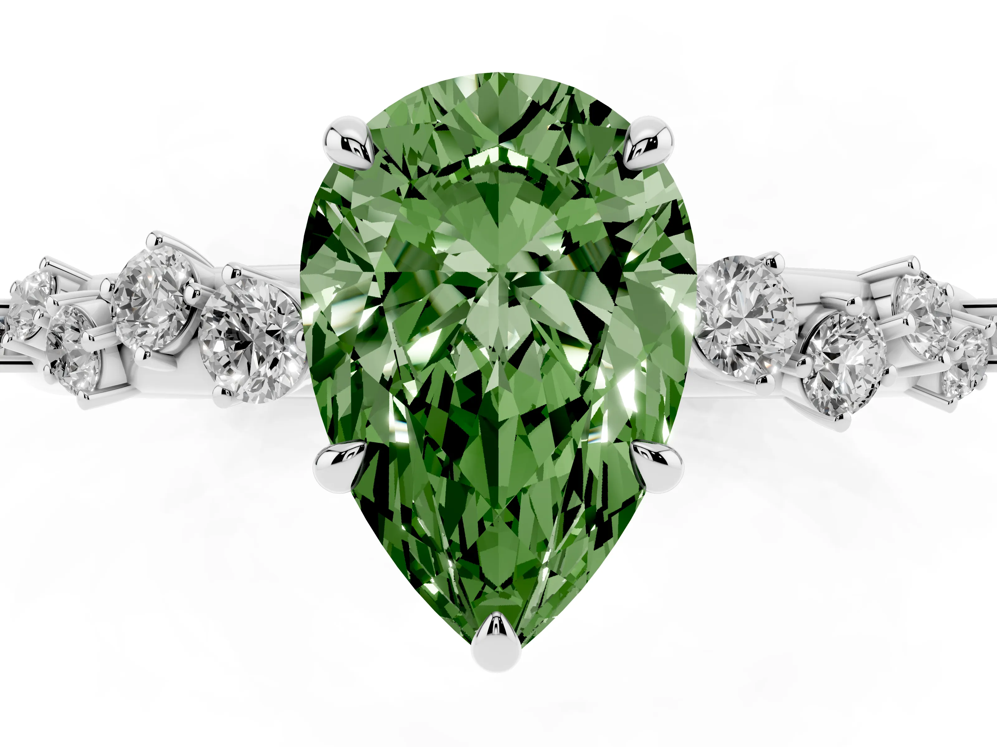 Fancy Green Pear Cut Diamond Cluster Solitaire Ring Set in Platinum with Prong Setting