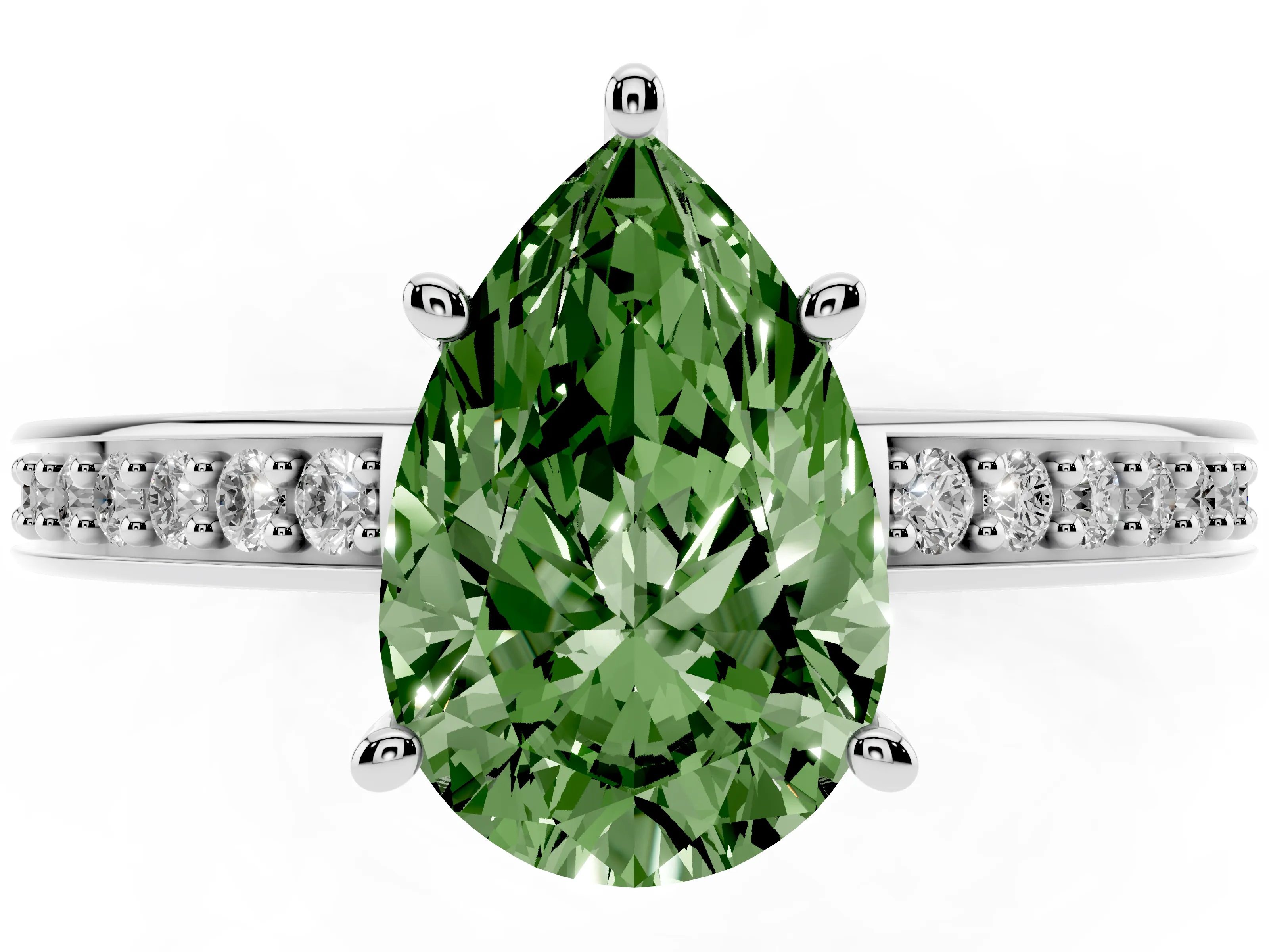 Fancy Green Pear Cut Diamond Pavé Band Prong Set Solitaire Ring Set in Platinum
