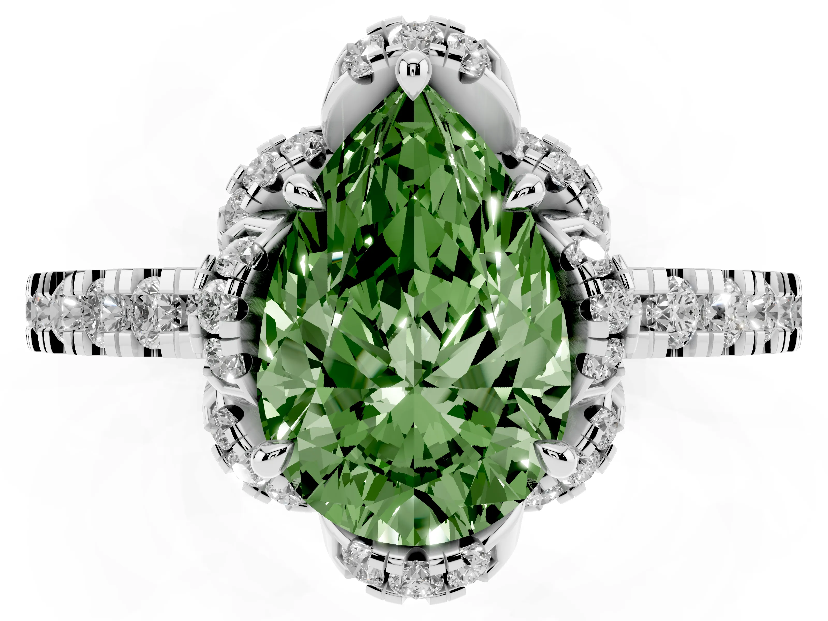Fancy Green Pear Cut Diamond Halo Pavé Band Ring Set in Platinum with Prong-Held Center