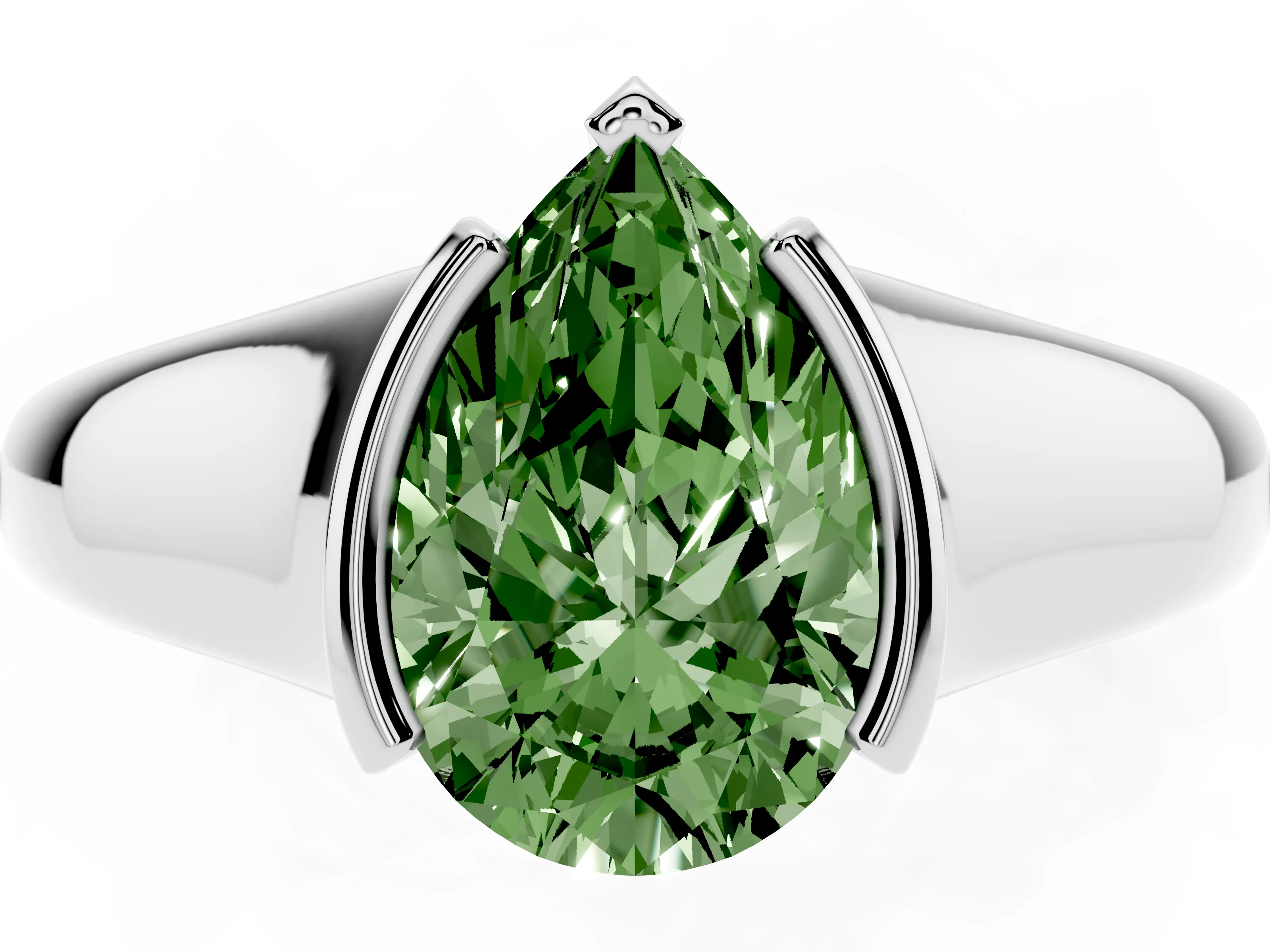 Fancy Green Pear Cut Diamond Solitaire Tension Set Ring Set in White gold with Split Shank Band