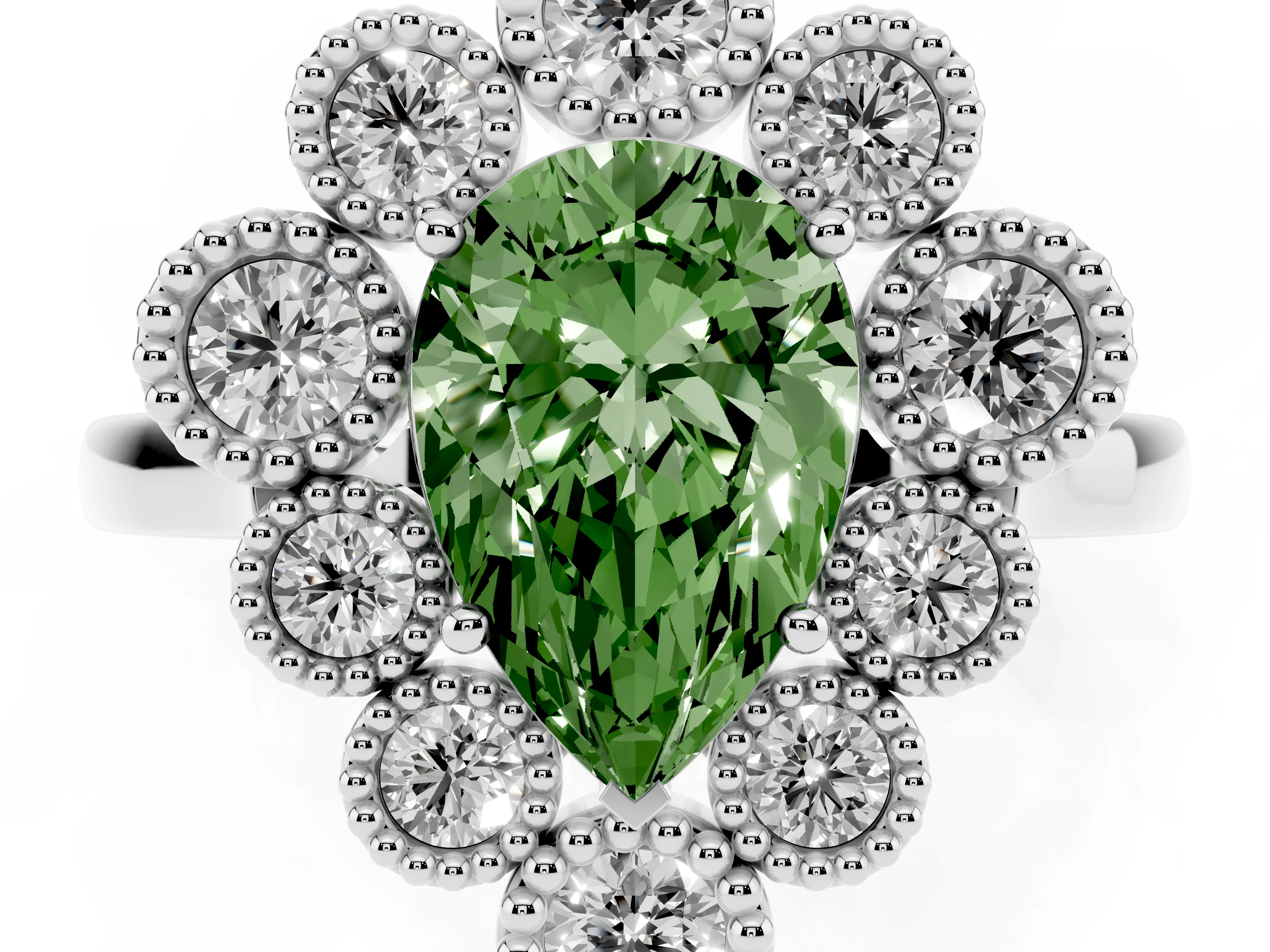 Fancy Green Pear Cut Diamond Cluster Halo Ring Set in White gold with Milgrain Bezel Accents and Plain Band