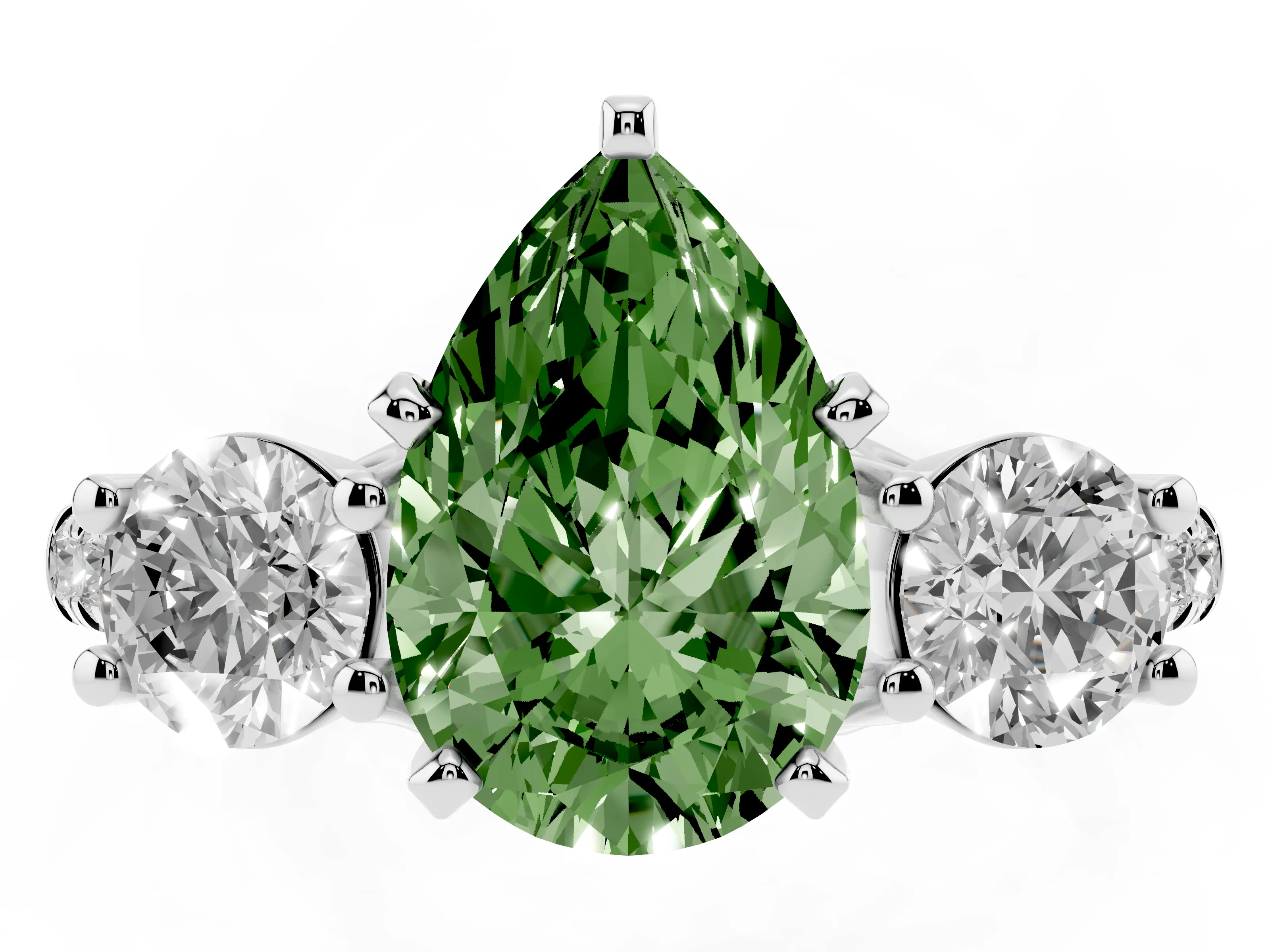 Fancy Green Three-Stone Pear Cut Diamond Pavé Band Ring Set in Silver with Prong-Set Trio