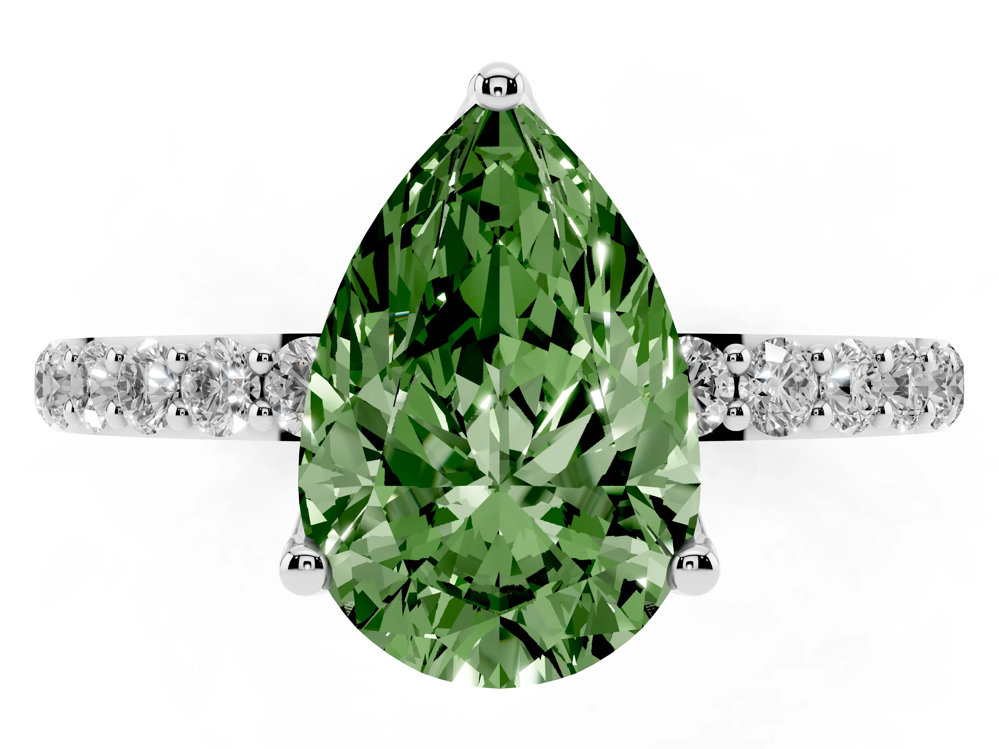 Fancy Green Pear Cut Diamond Solitaire Engagement Ring Set in Platinum with Round Pavé Band and Prong Setting