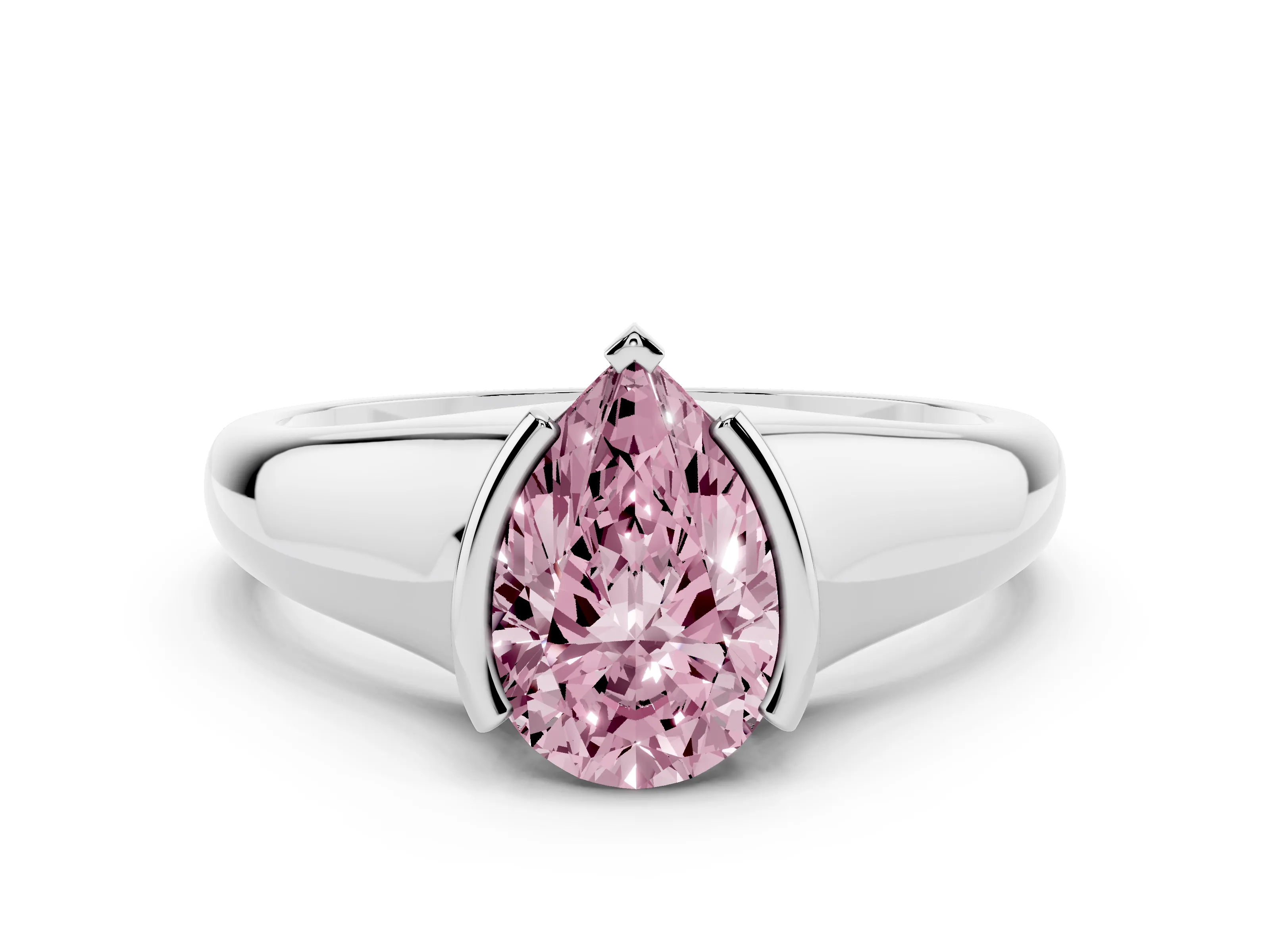 Fancy Pink Pear Cut Diamond Solitaire Tension Set Ring Set in White gold with Split Shank Band