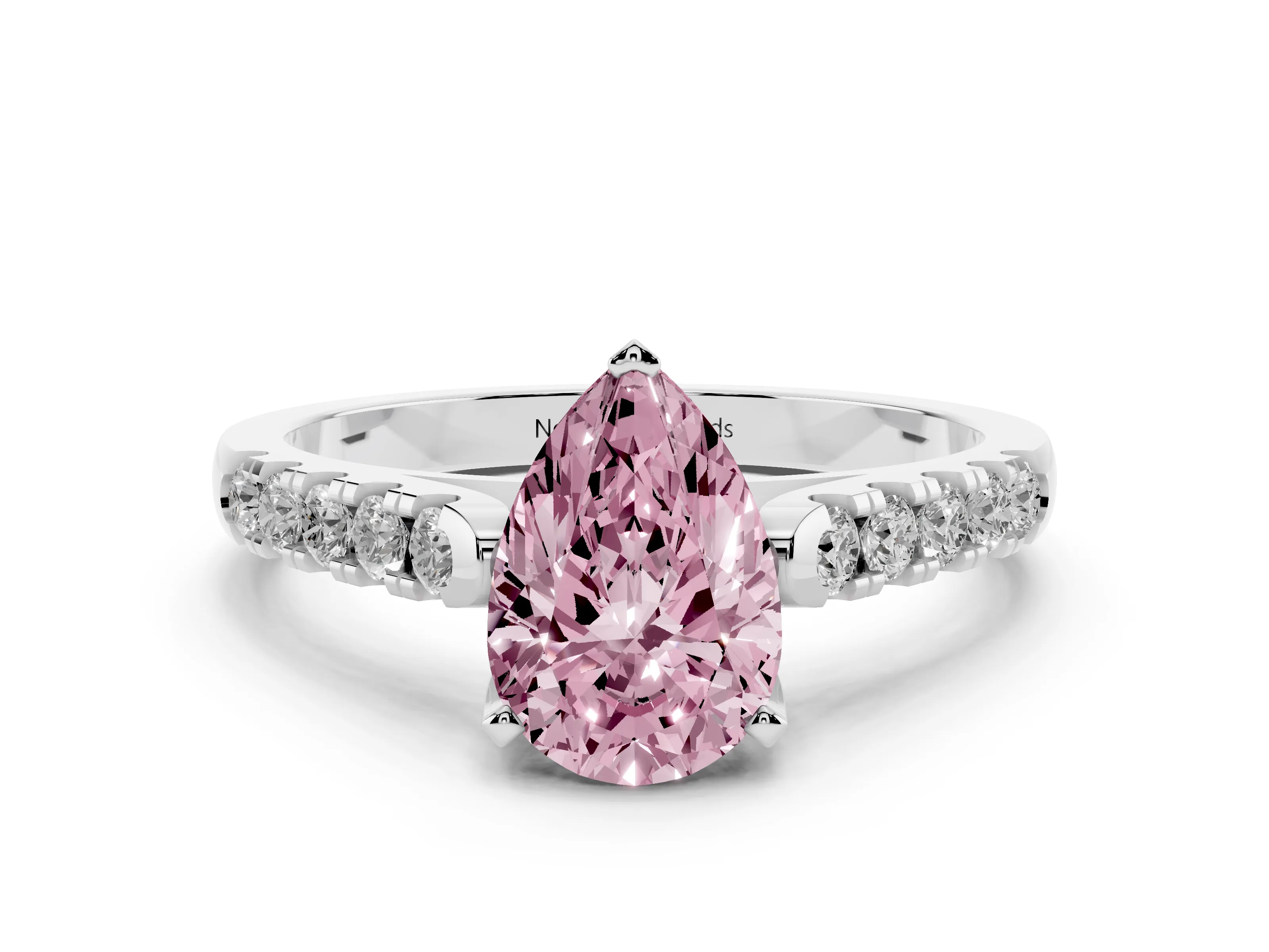 Fancy Pink Pear Cut Diamond Pavé Band Solitaire Ring Set in White gold with Partway Accent Stones and Prong Setting