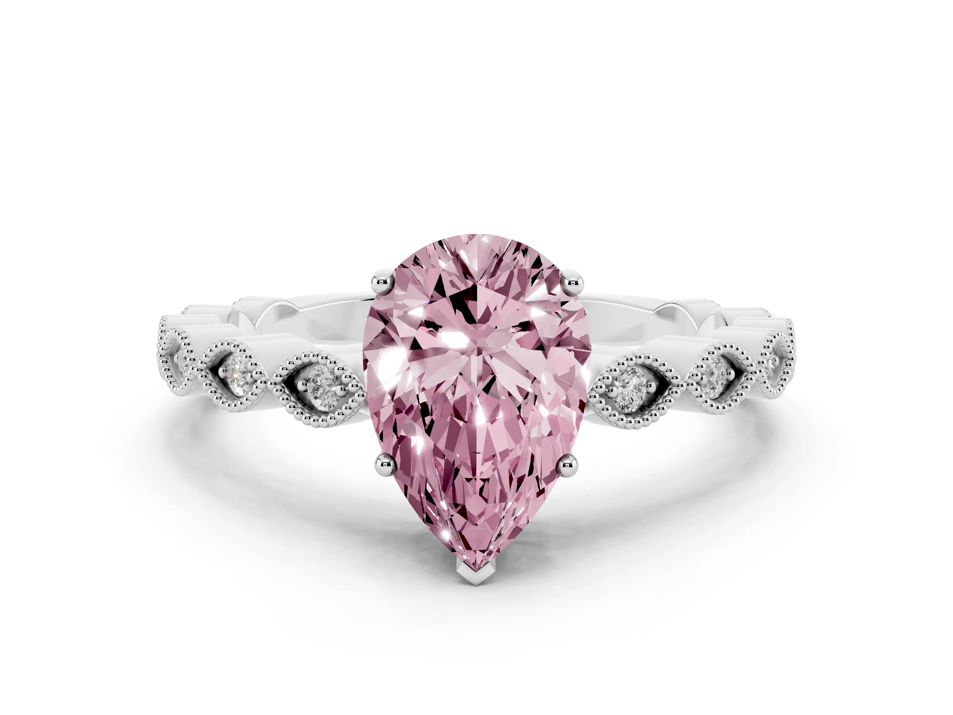 Fancy Pink Pear Cut Diamond Solitaire Ring Set in Silver with Infinity Twist Pavé Band