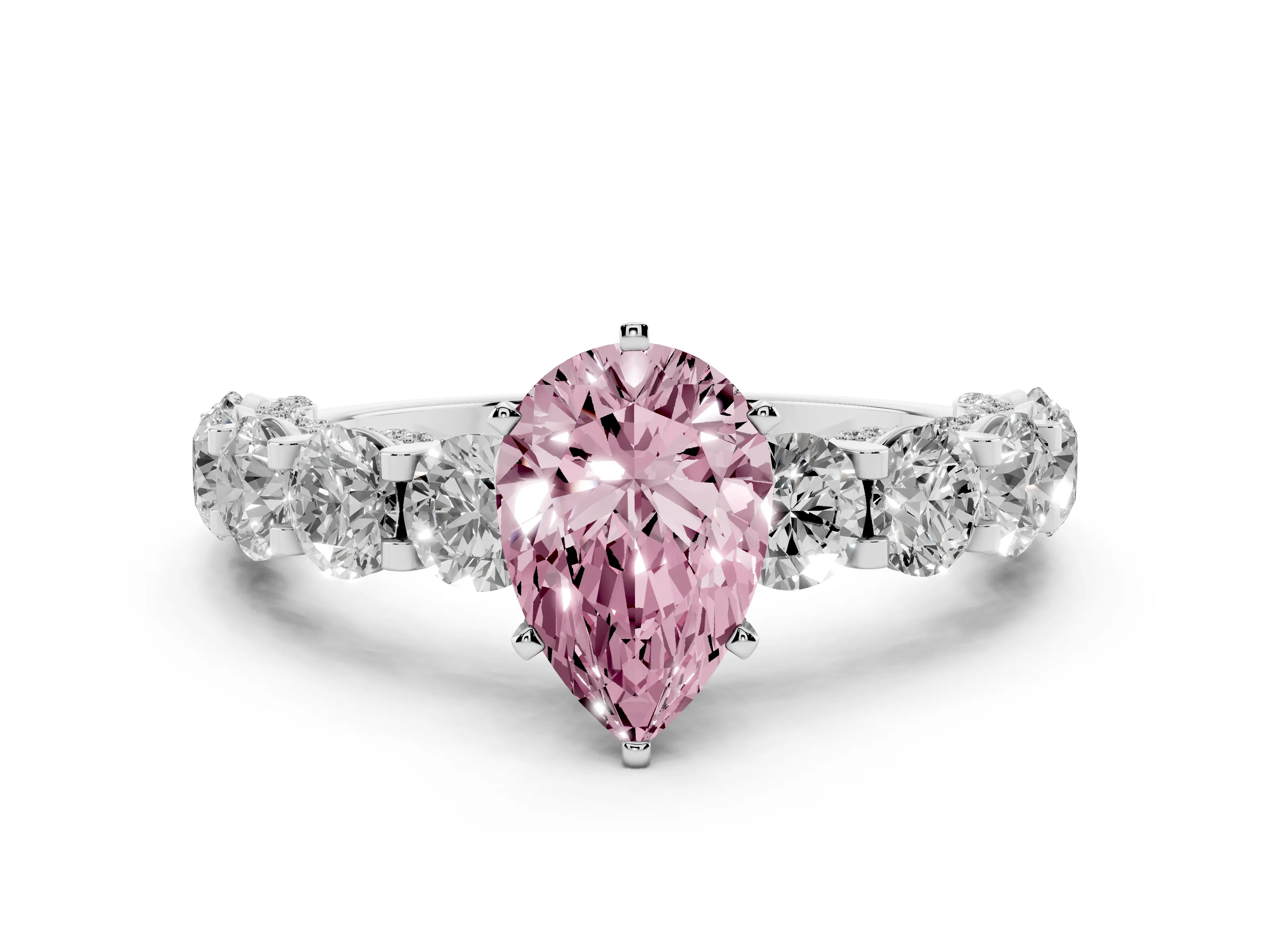 Fancy Pink Pear Cut Diamond Side Stone Ring Set in Silver with Alternating Round and Oval Side Stones