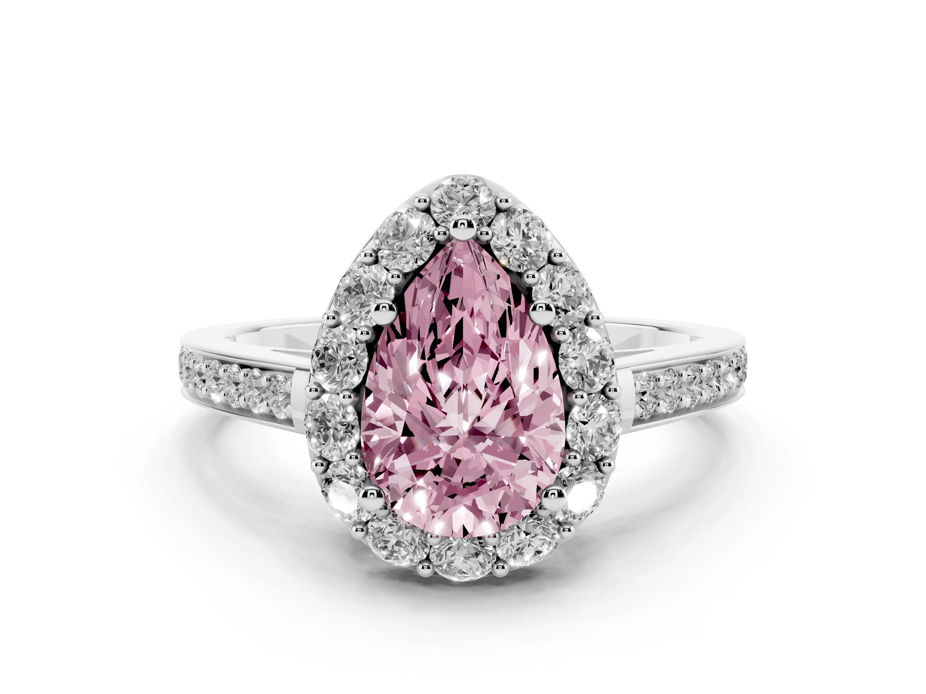 Fancy Pink Pear Cut Diamond Floral Halo Ring Set in White gold with Pavé Band and Prong Setting