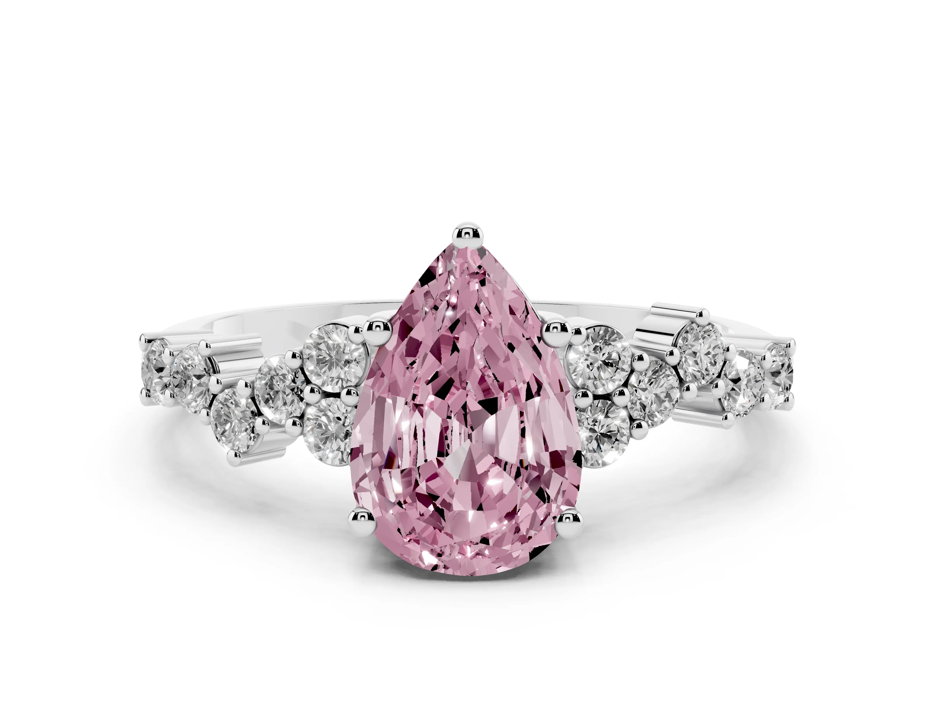 Fancy Pink Pear Cut Diamond Ring Set in Platinum with Scattered Round Accents