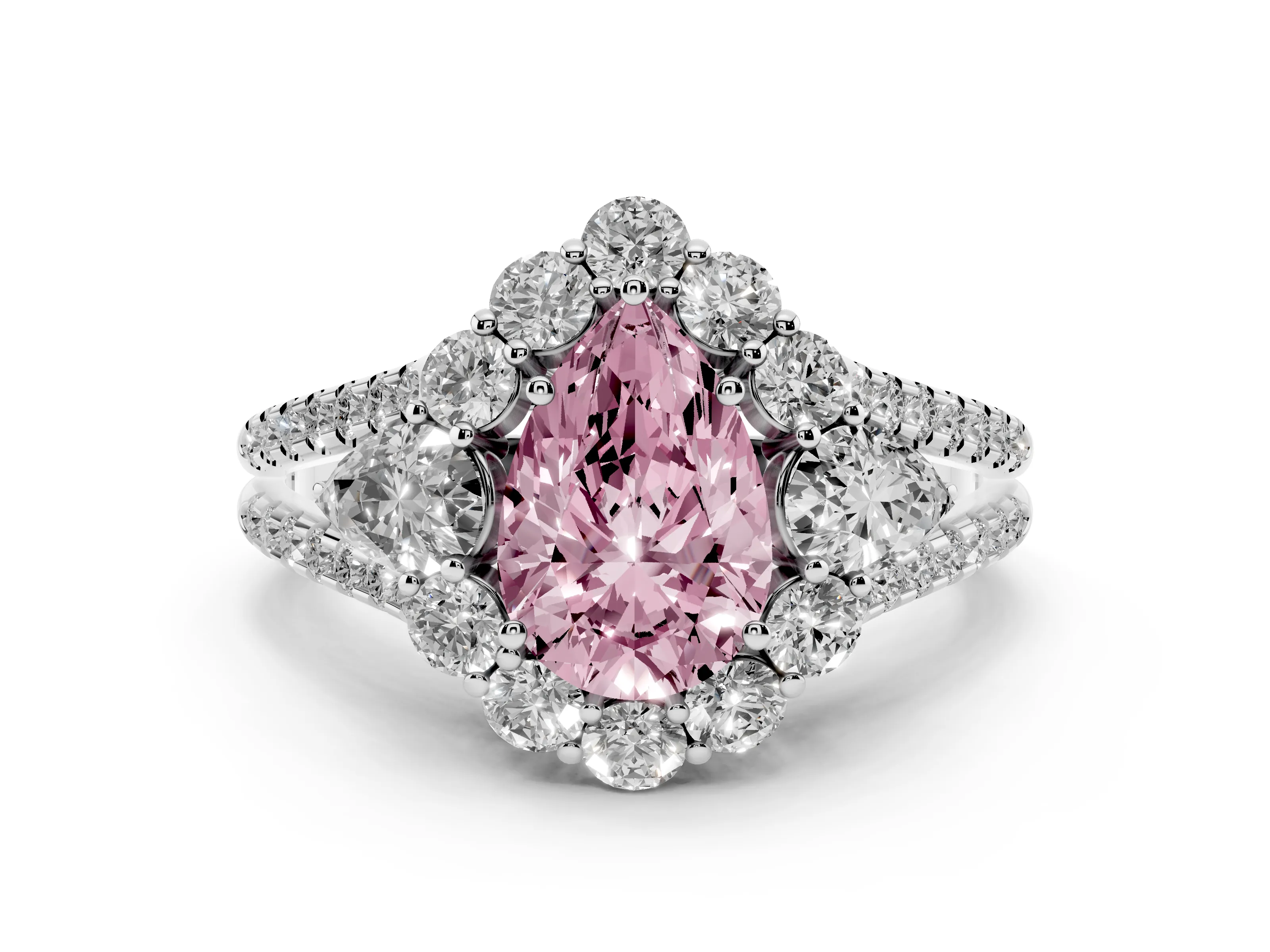 Fancy Pink Pear Cut Diamond Halo Split Shank Engagement Ring Set in Silver with Prong-Held Center Stone