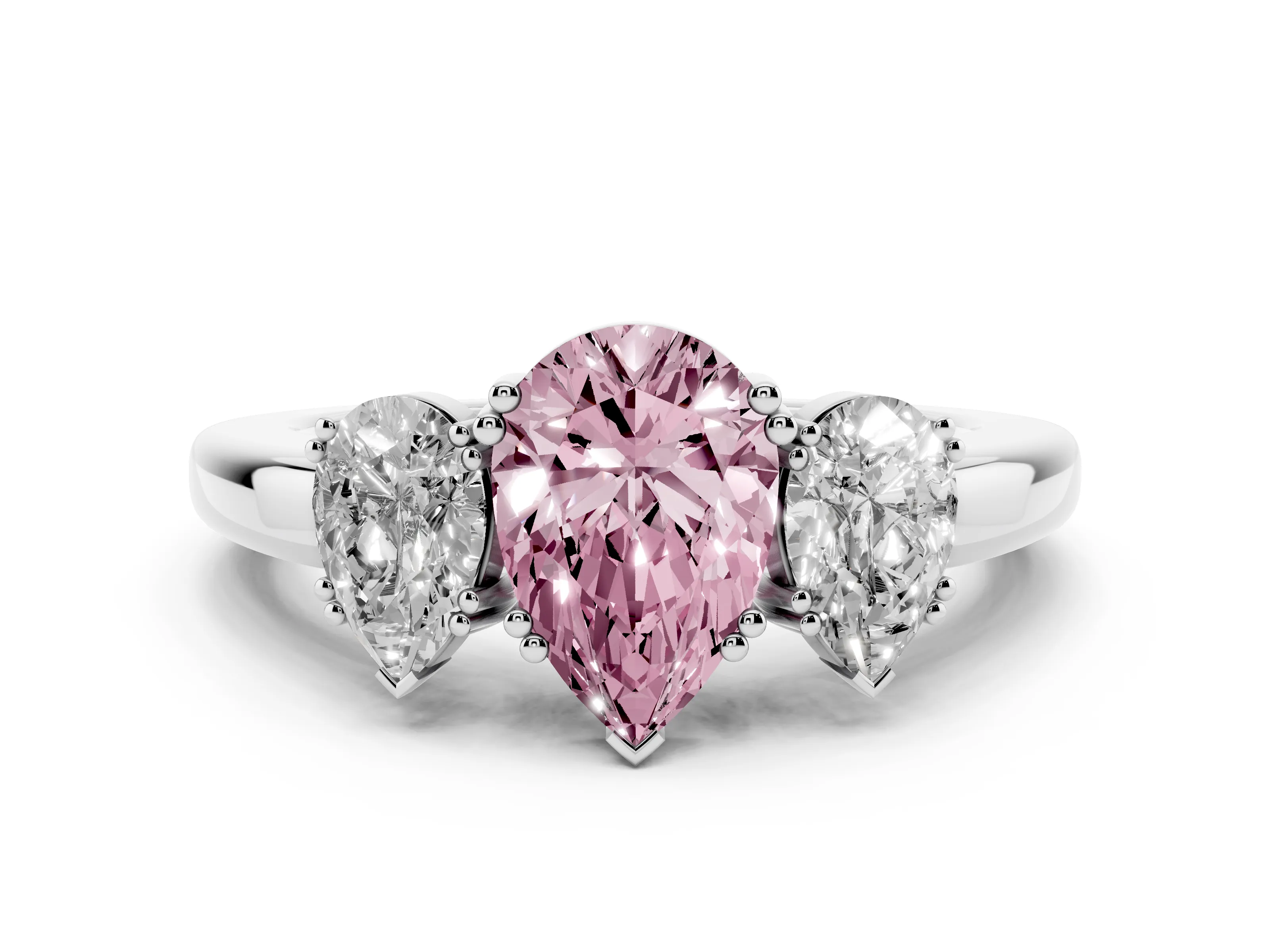 Fancy Pink Pear Cut Diamond Three-Stone Ring Set in White gold with Polished Channel-Set Band