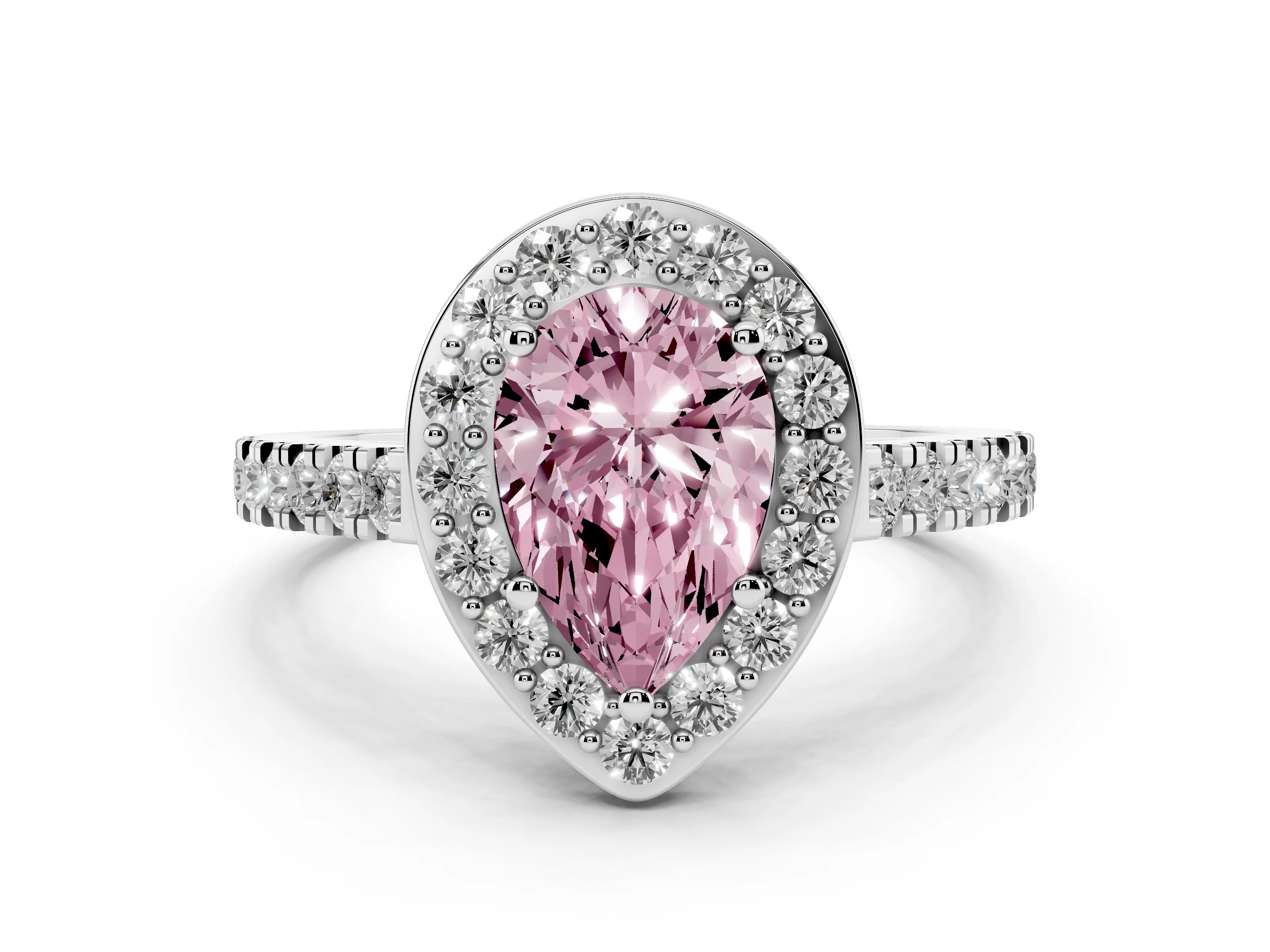 Fancy Pink Pear Cut Diamond Halo Ring Set in White gold with Round Pavé Split Shank and Prong Setting
