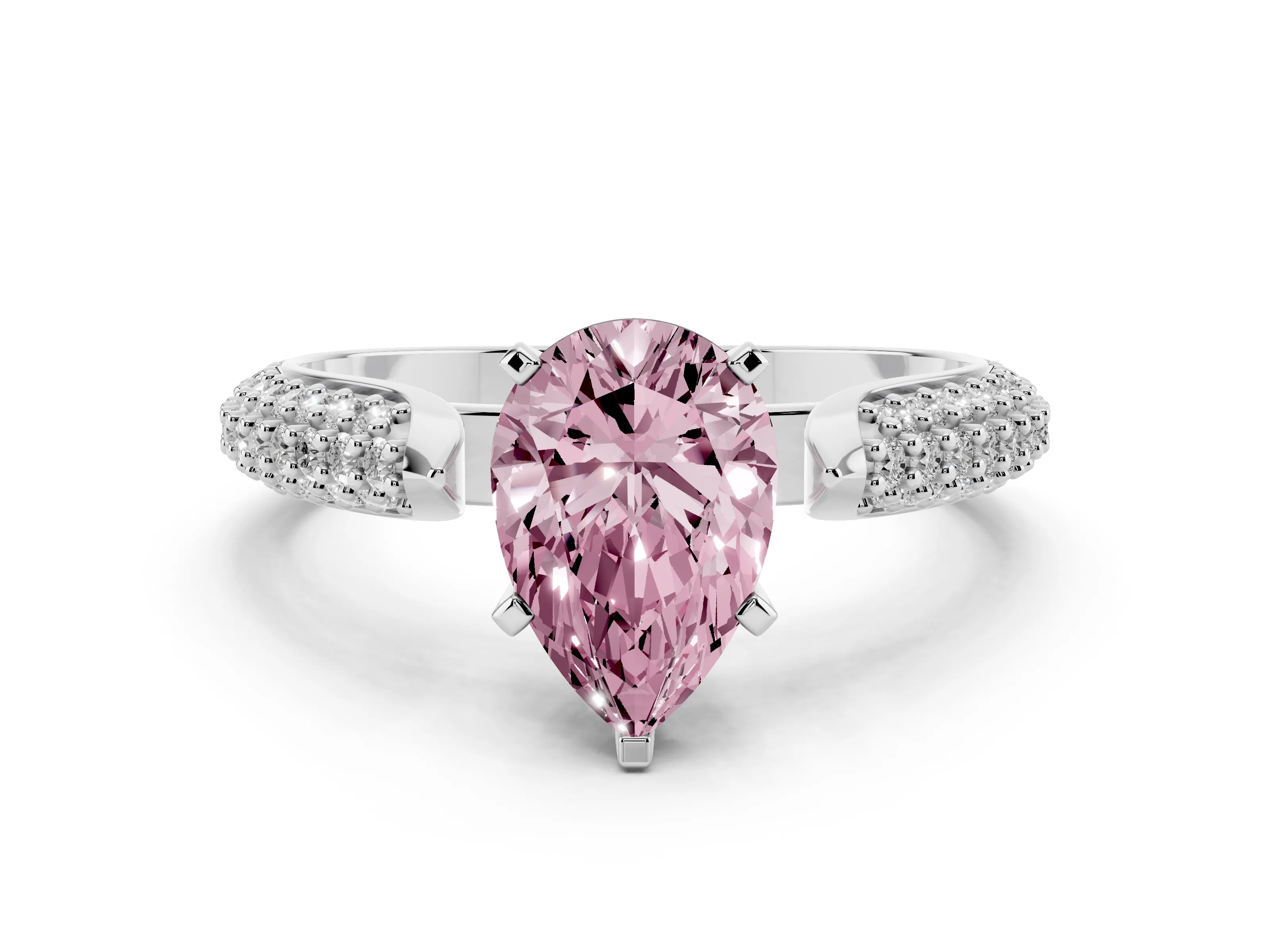 Fancy Pink Pear Cut Diamond Solitaire Engagement Ring Set in White gold with Multi-Row Round Pavé Band and Prong Setting