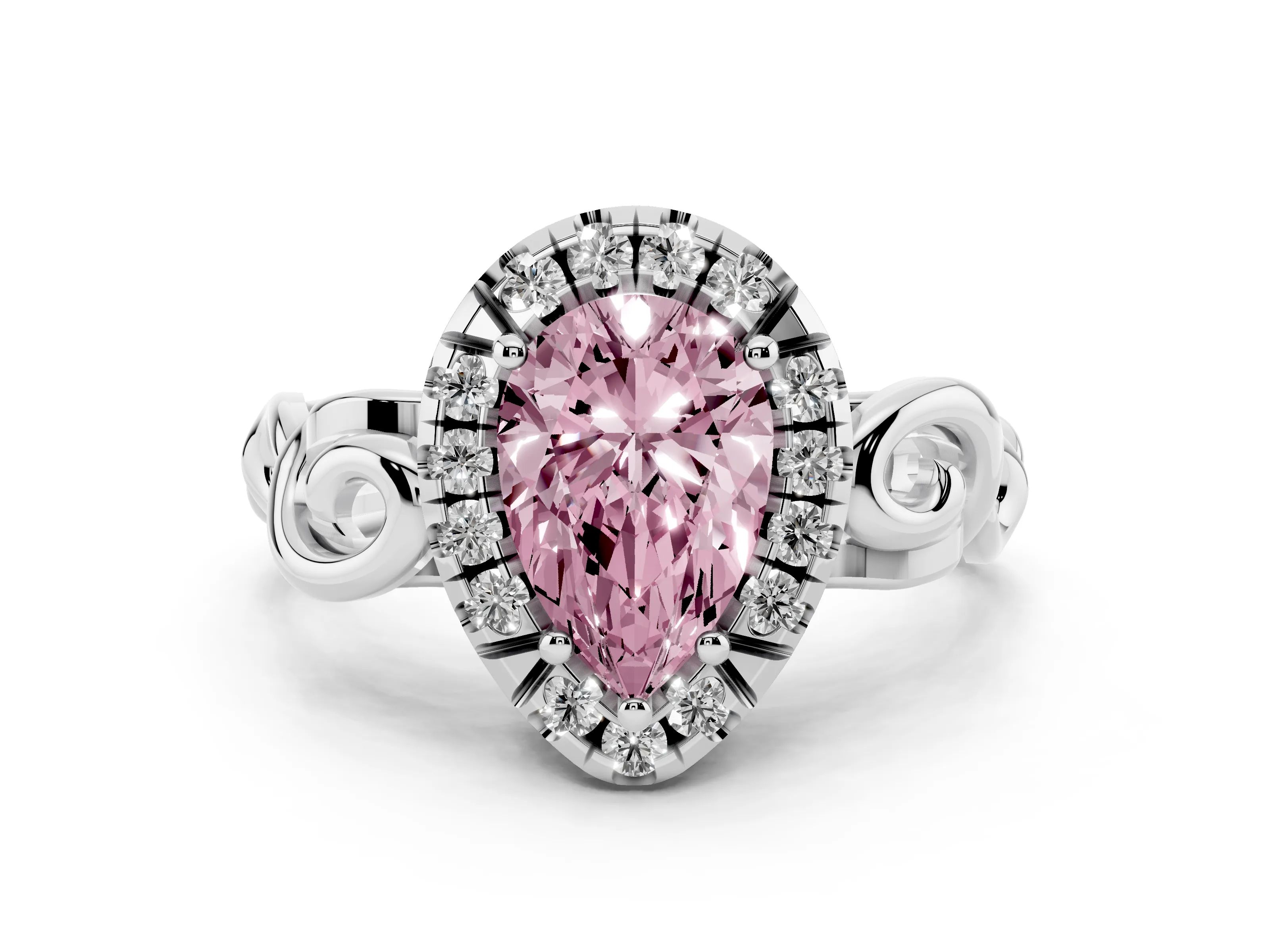 Fancy Pink Pear Cut Diamond Halo Ring Set in Platinum with Scrollwork Band and Prong Setting