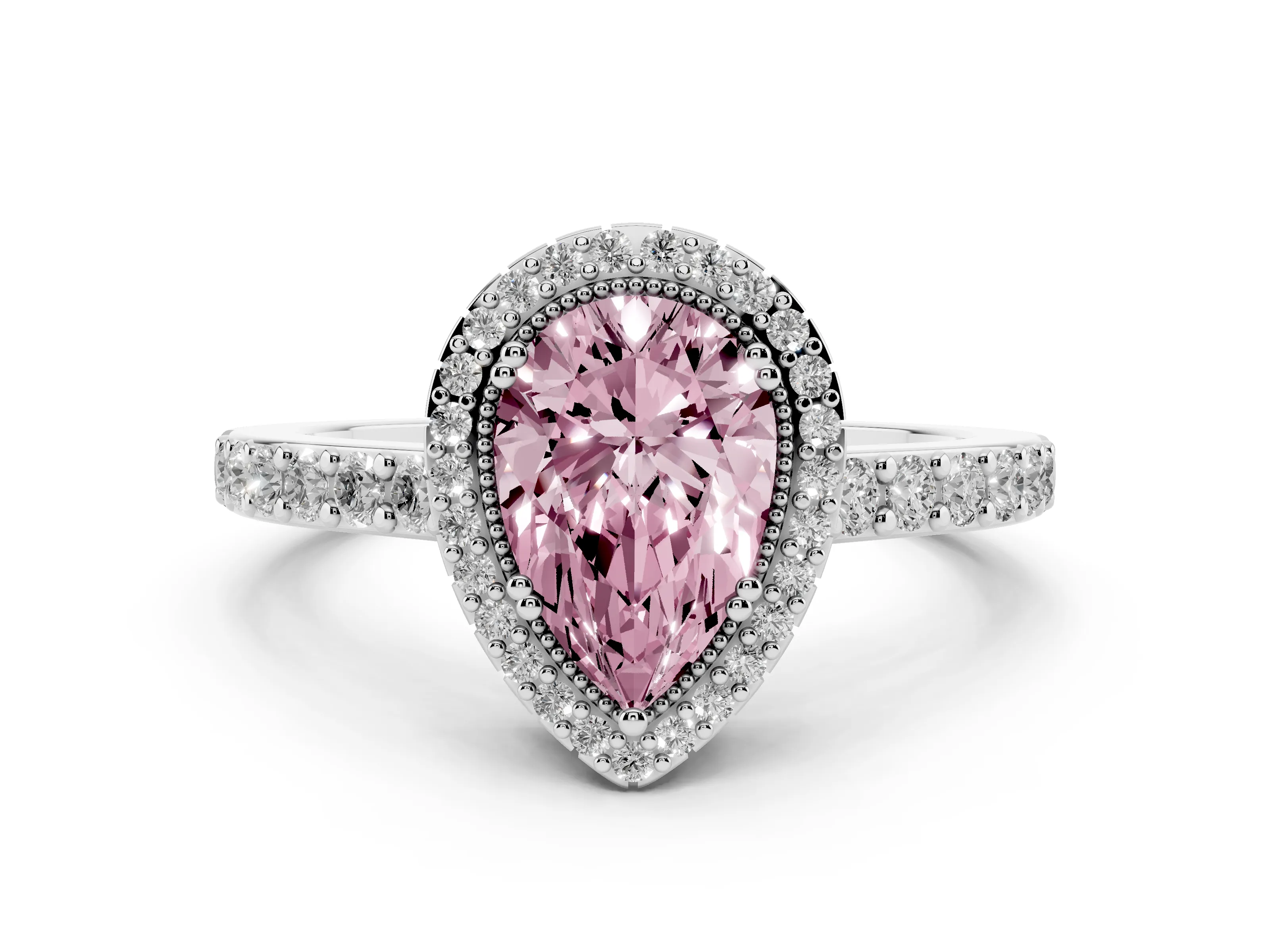 Fancy Pink Pear Cut Diamond Halo Engagement Ring Set in Platinum with Milgrain Detail and Pavé Band