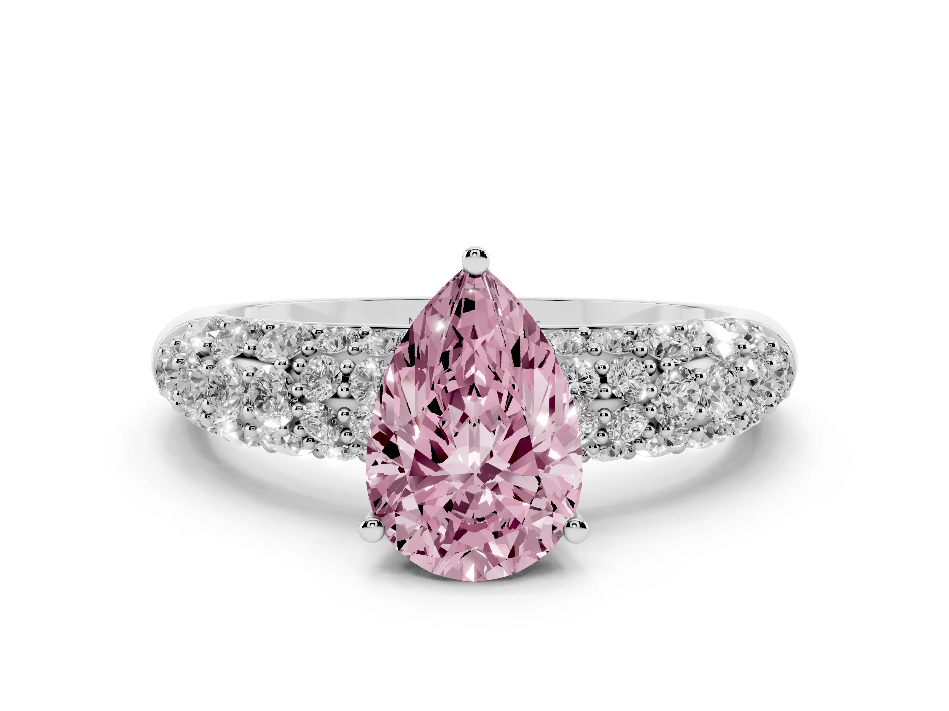Fancy Pink Pear Cut Diamond Pavé Band Solitaire Ring Set in White gold with Close-Set Accent Stones and Prong Setting