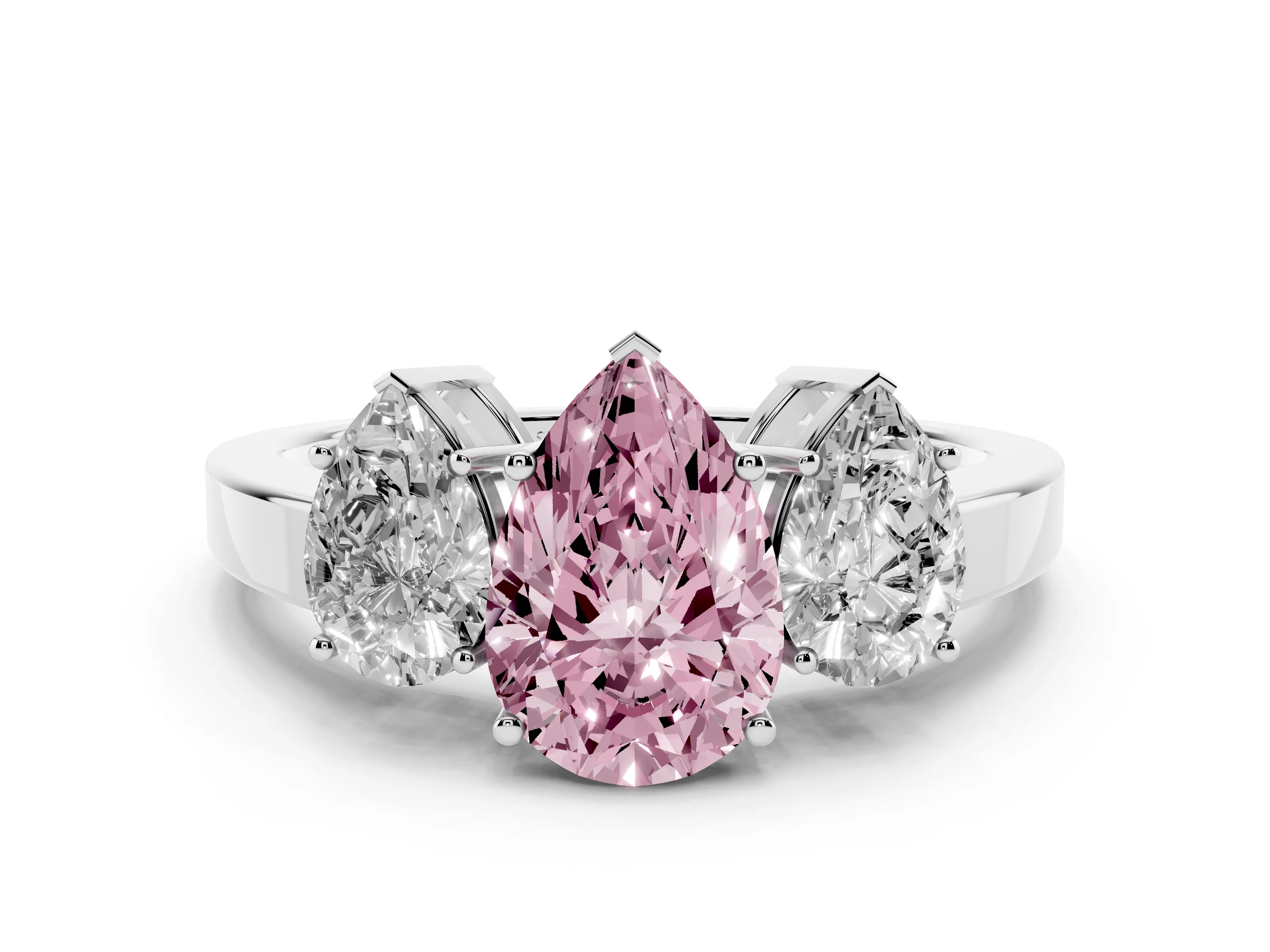 Fancy Pink Pear Cut Diamond Three-Stone Engagement Ring Set in Silver with Flat Band