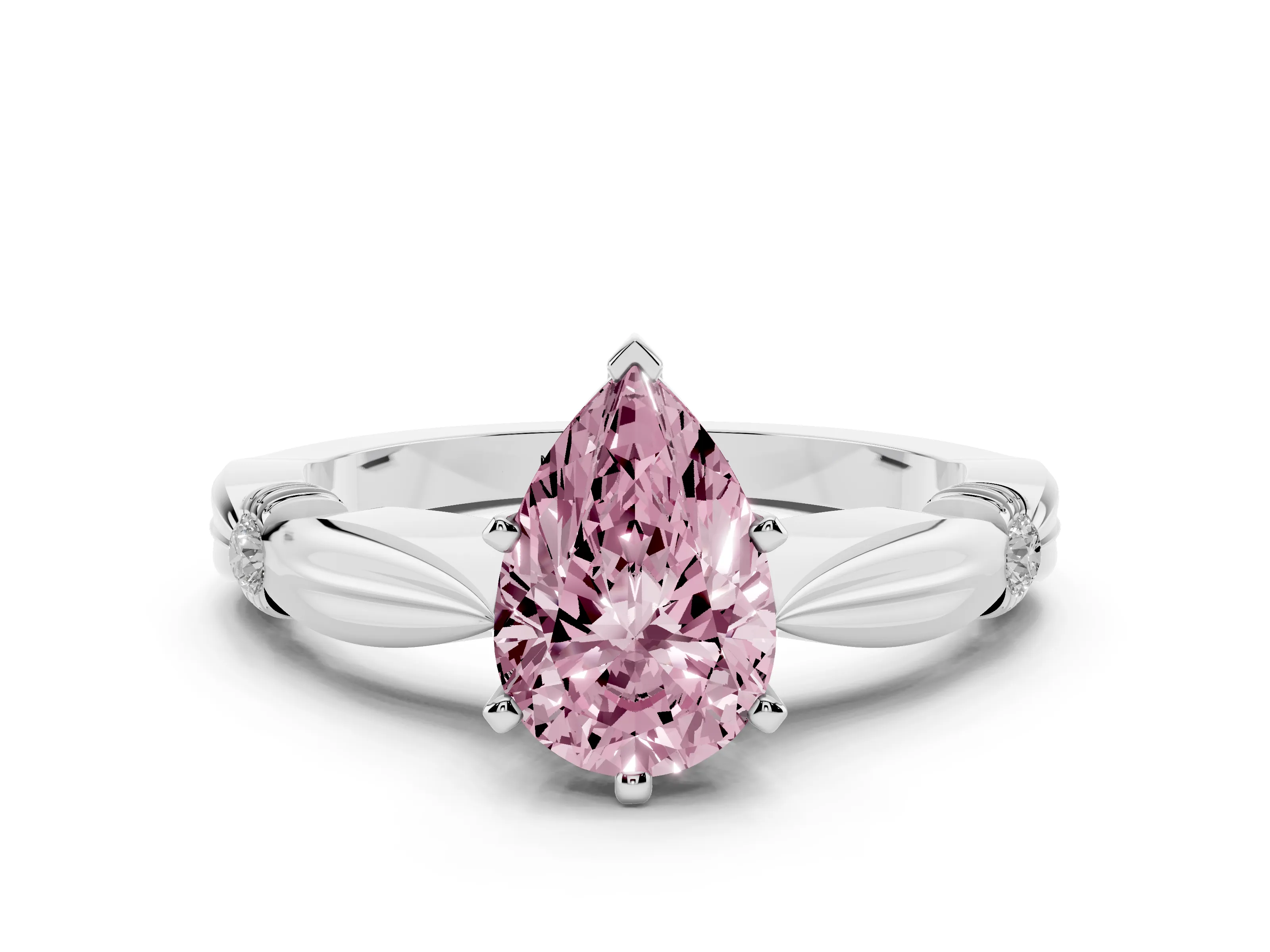 Fancy Pink Pear Cut Diamond Solitaire Twisted Band Ring Set in Platinum with Accent Stones and Prong Setting