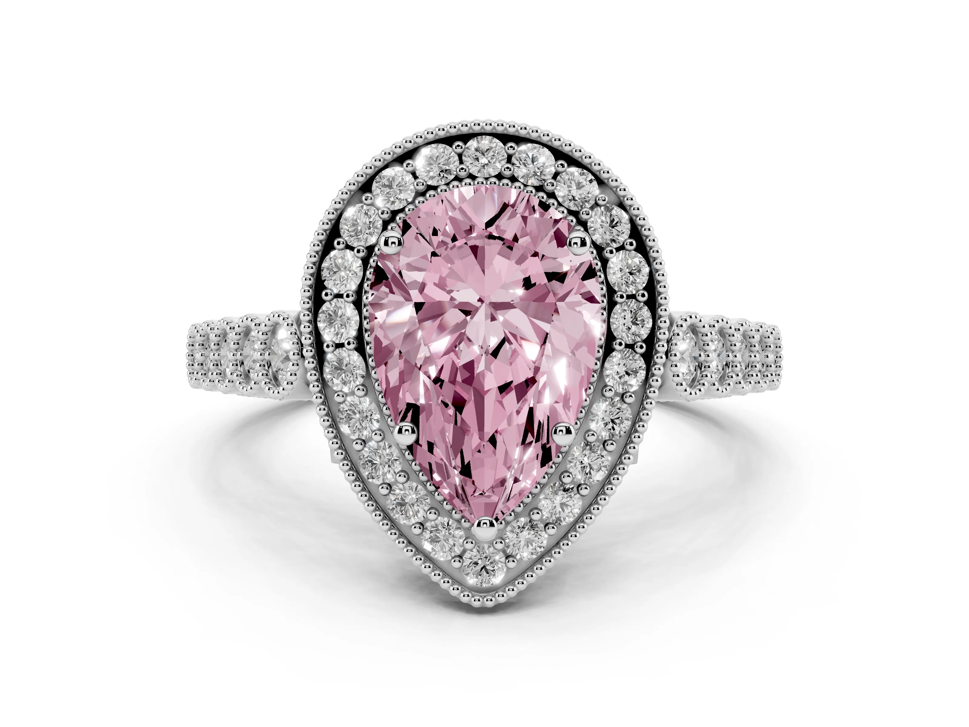 Fancy Pink Pear Cut Diamond Milgrain Halo Solitaire Ring Set in Platinum with Bezel Set Side Stones and Pavé Band