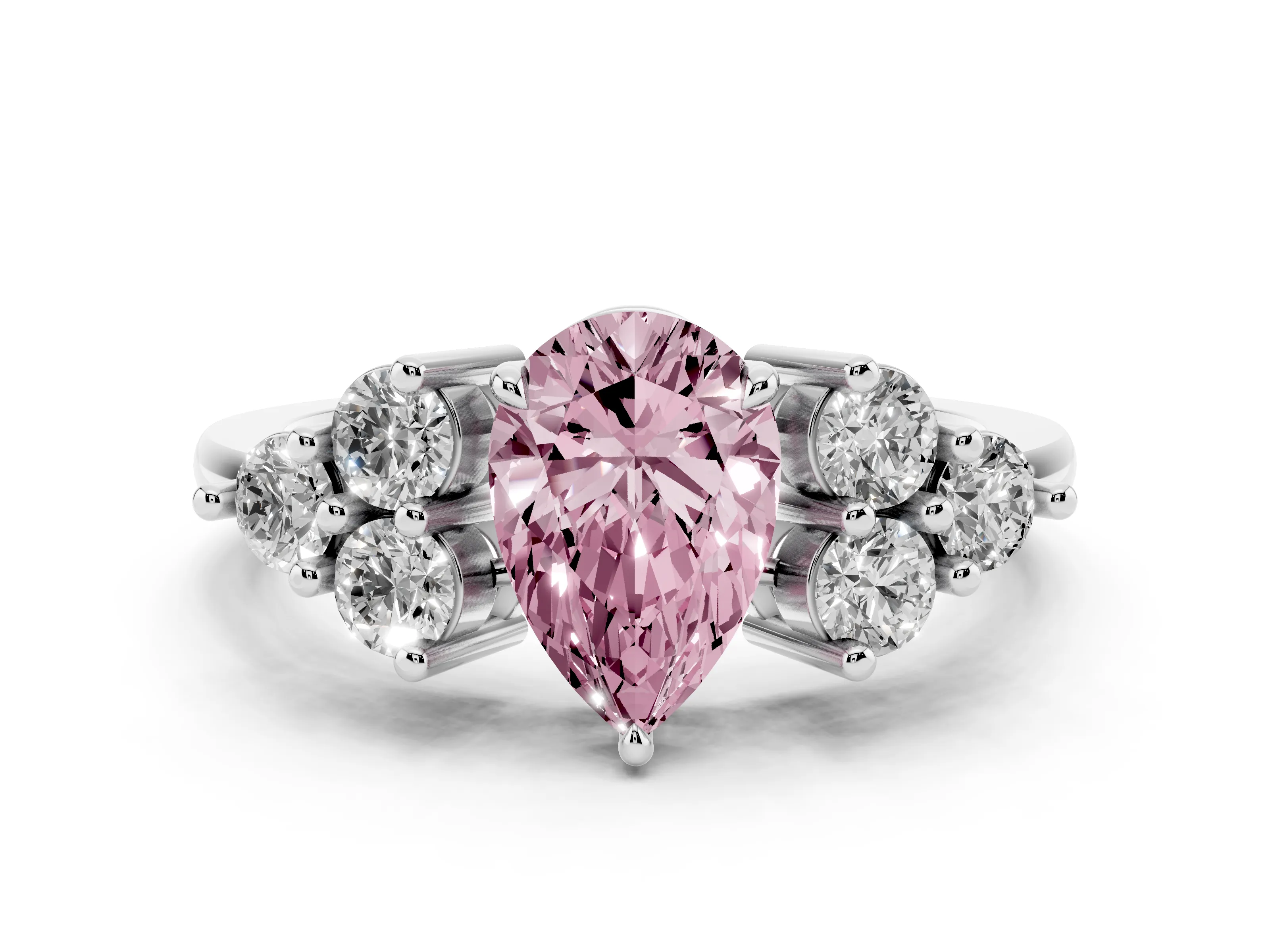 Fancy Pink Pear Cut Diamond Solitaire Ring Set in Silver with Cluster Accents on Each Side