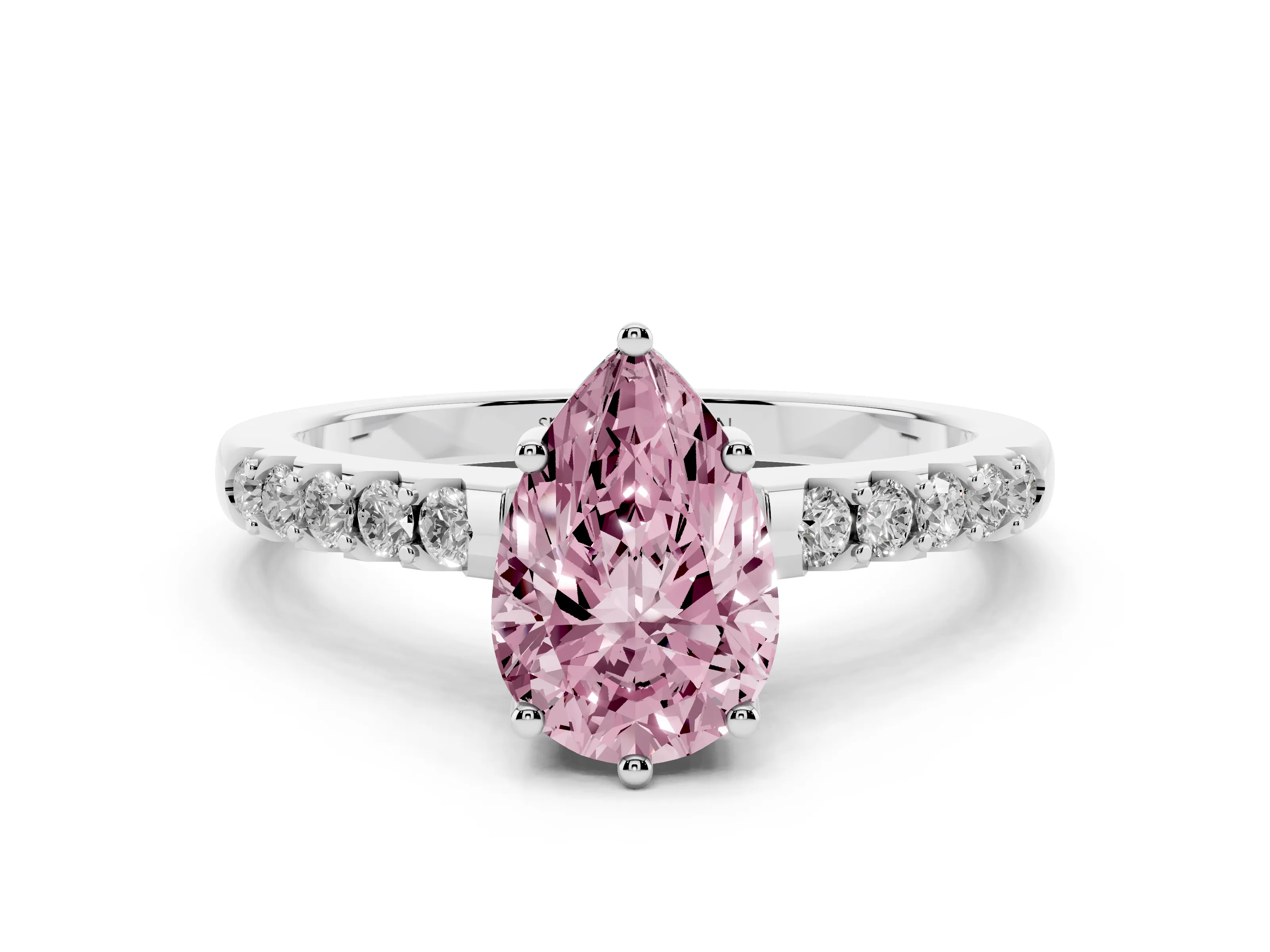 Fancy Pink Pear Cut Diamond Solitaire Engagement Ring Set in Platinum with Pavé Band and Prong Setting
