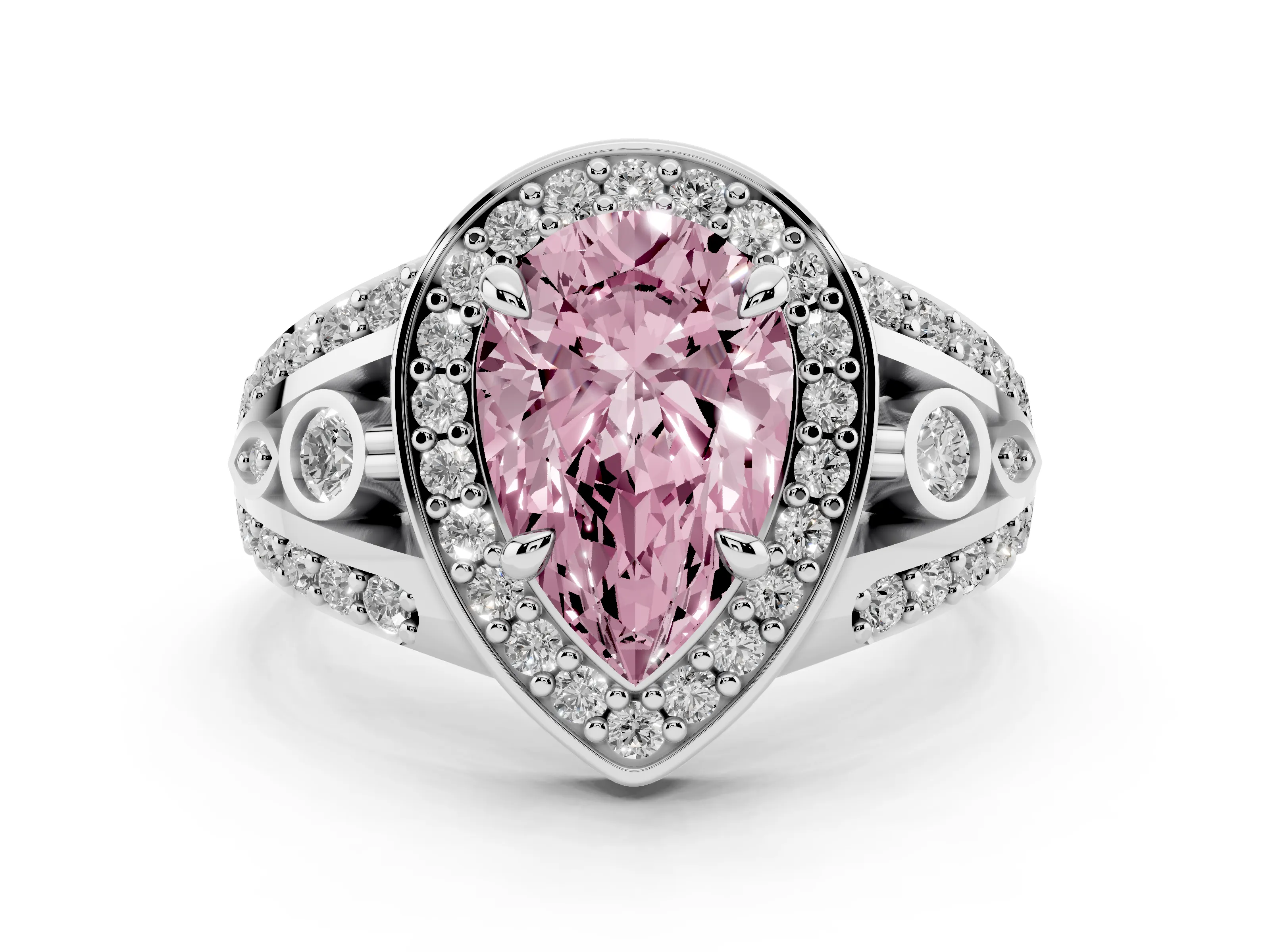 Fancy Pink Pear Cut Diamond Halo Ring Set in Silver with Pavé Split Shank and Bezel Accents