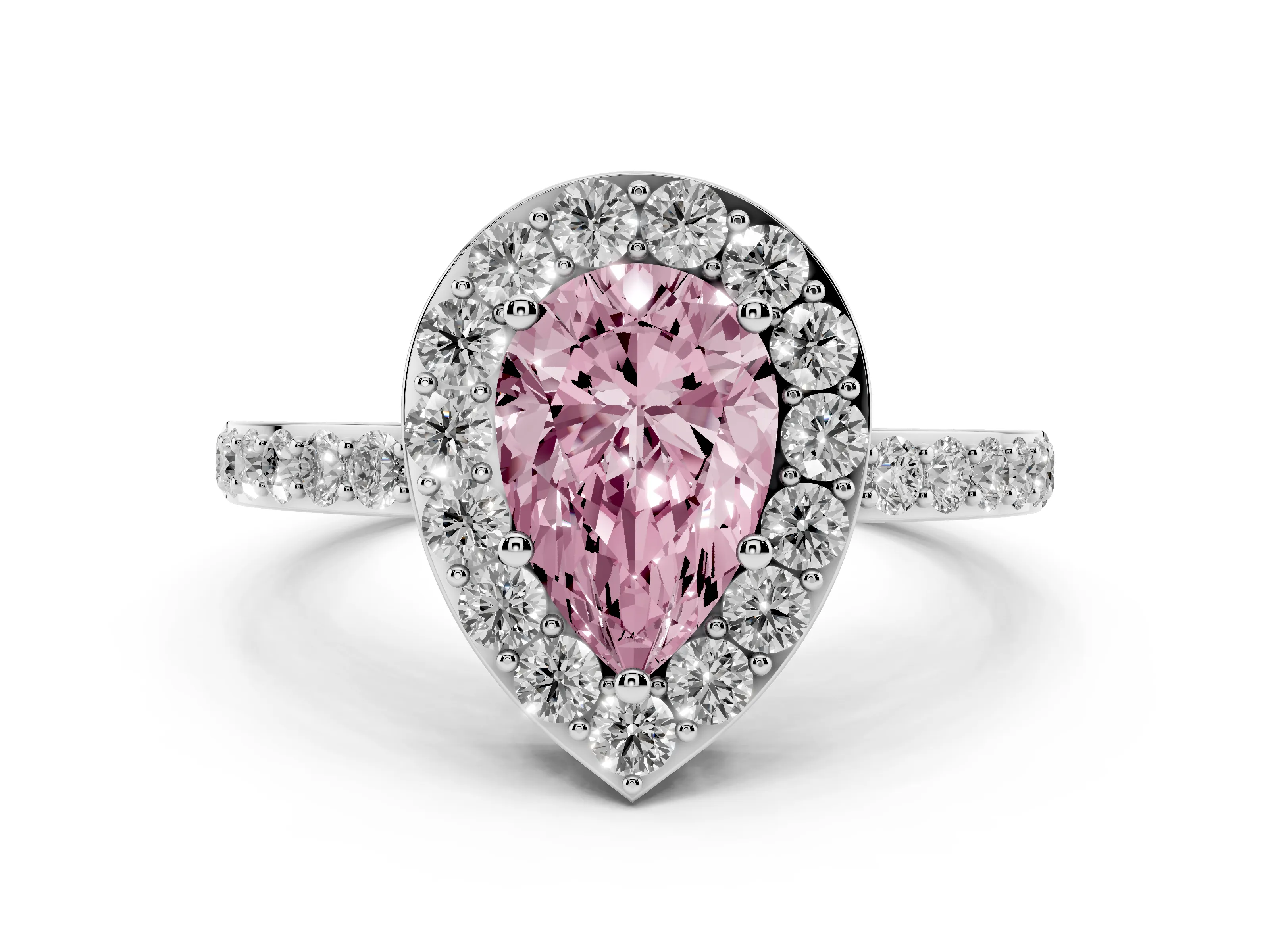 Fancy Pink Pear Cut Diamond Halo Ring Set in Platinum with Pavé-Setting Band and Open Prong Center