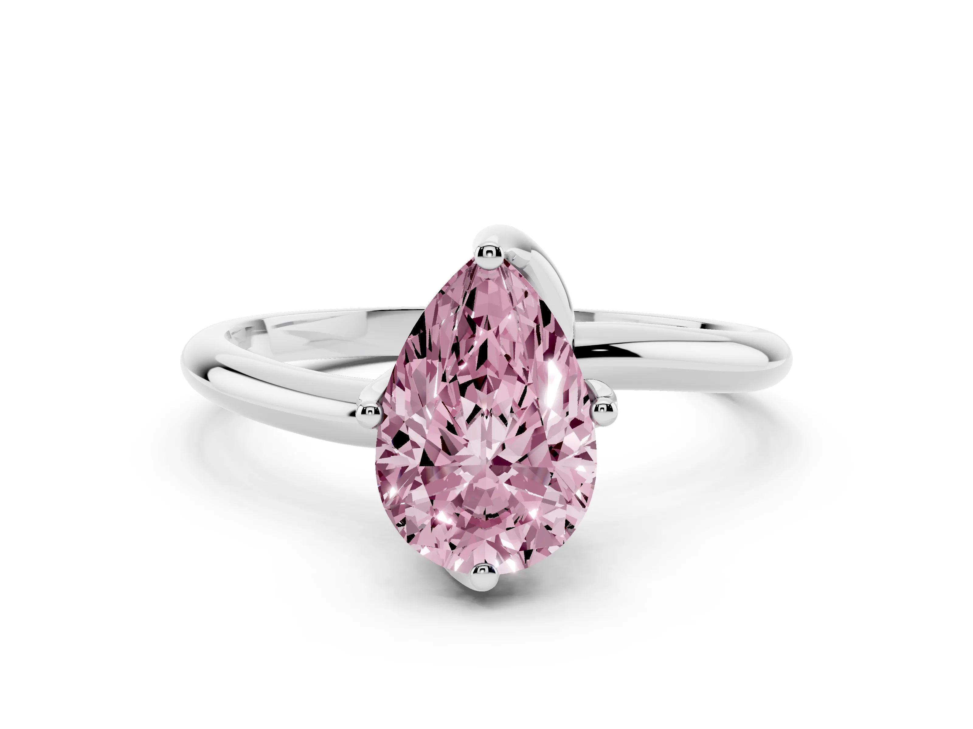Fancy Pink Pear Cut Diamond Solitaire Engagement Ring Set in Platinum with Classic Plain Band