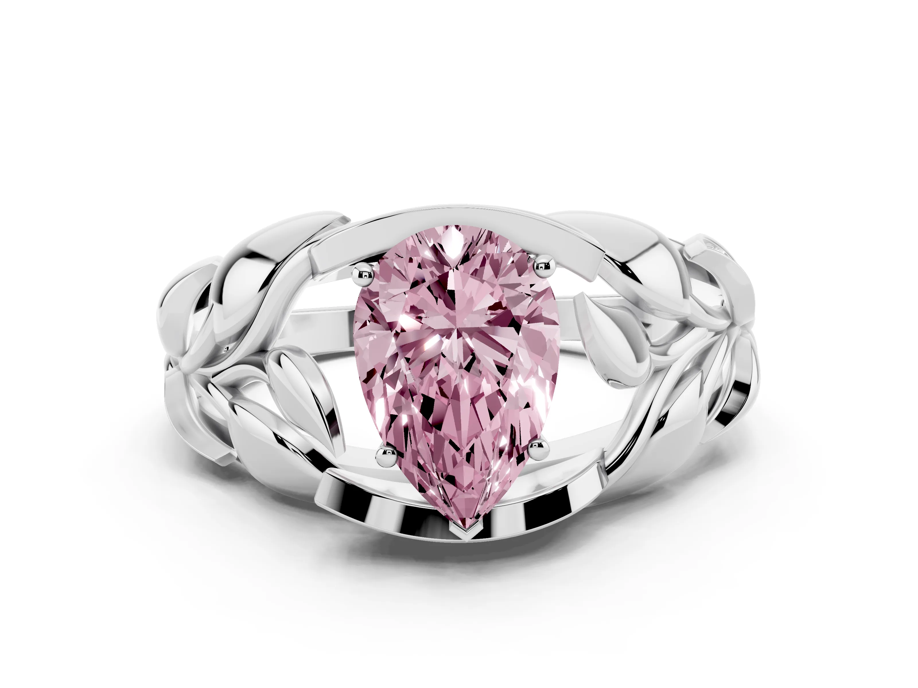 Fancy Pink Pear Cut Diamond Leaf-Inspired Engagement Ring Set in Platinum with Round Accents