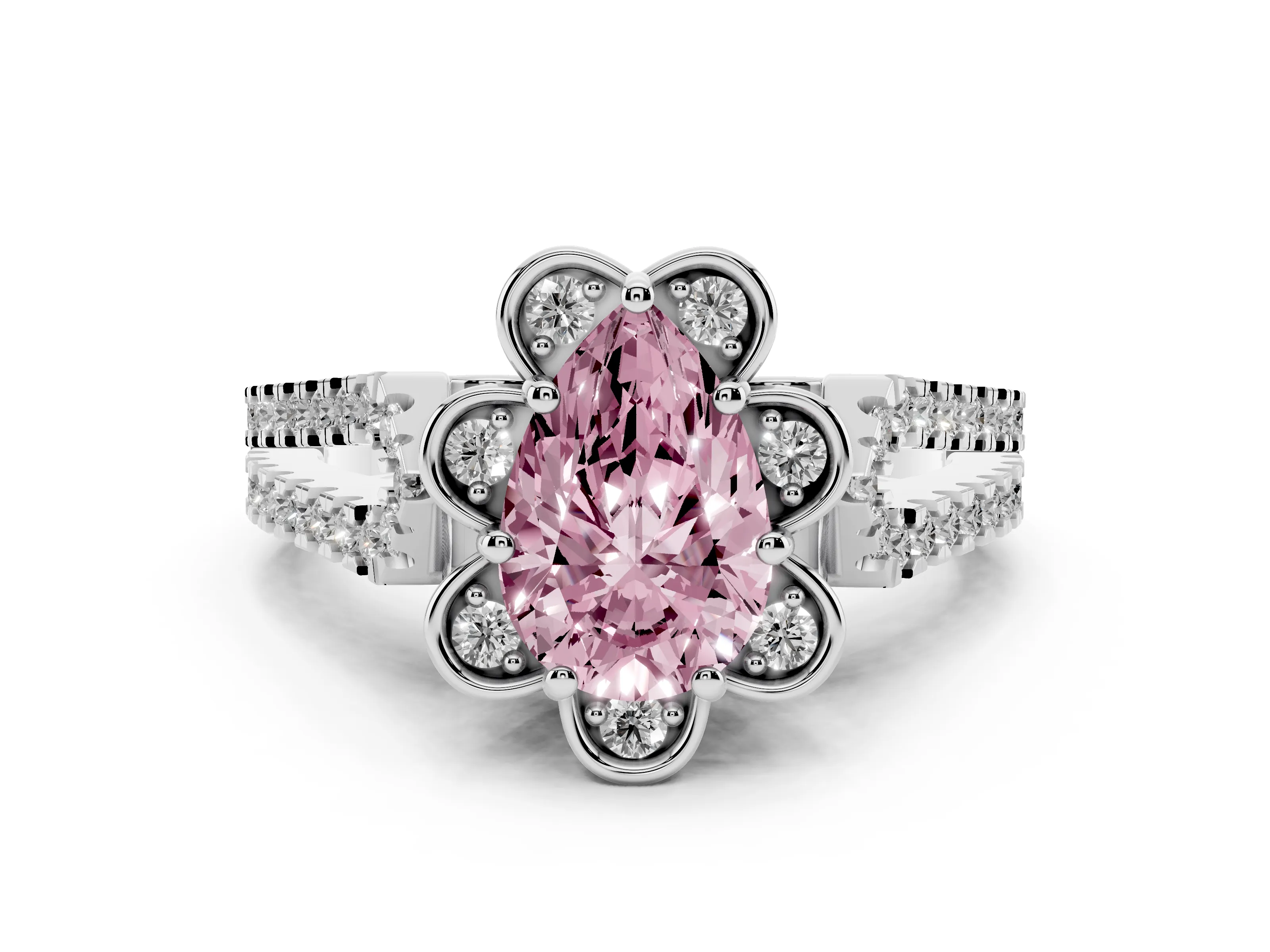 Fancy Pink Pear Cut Diamond Floral Halo Split Shank Engagement Ring Set in Platinum with Pavé Shank
