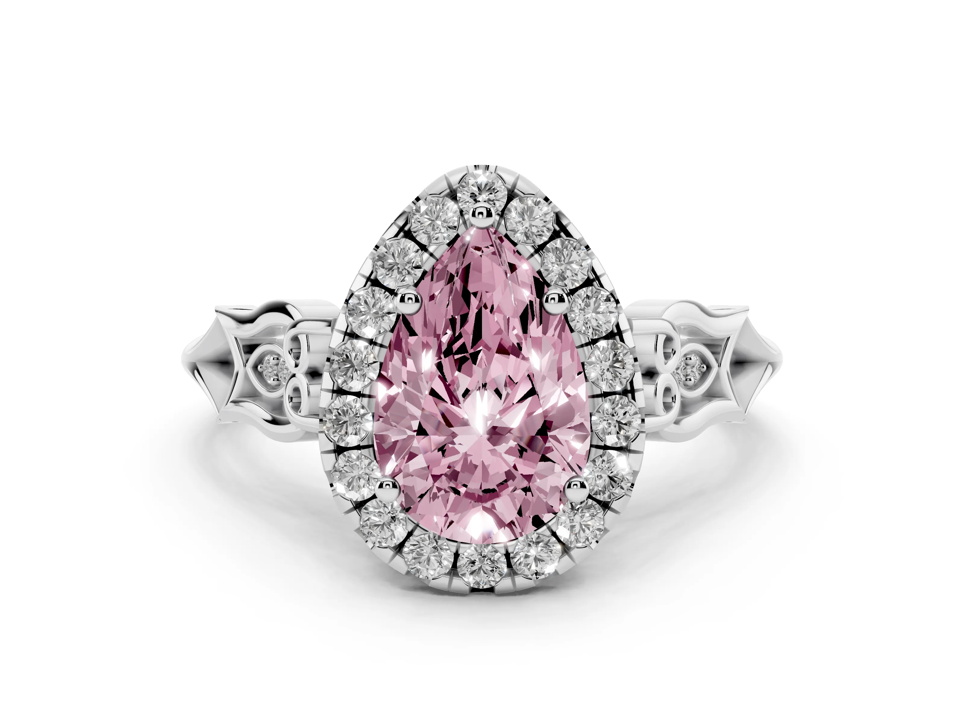 Fancy Pink Pear Cut Diamond Halo Engagement Ring Set in Platinum with Filigree Band and Prong-Set Center