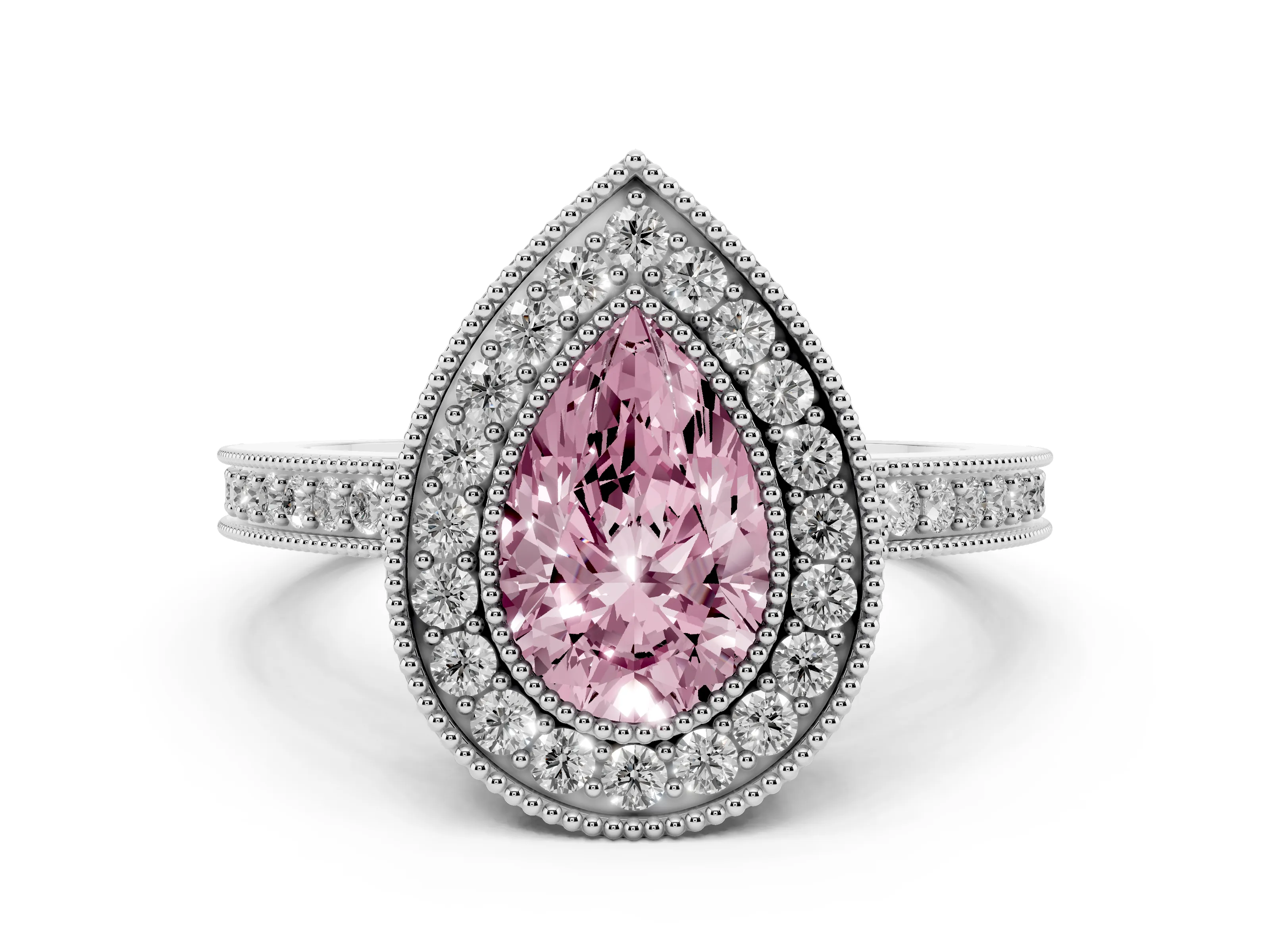 Fancy Pink Pear Cut Diamond Round Halo Ring Set in White gold with Pavé Band