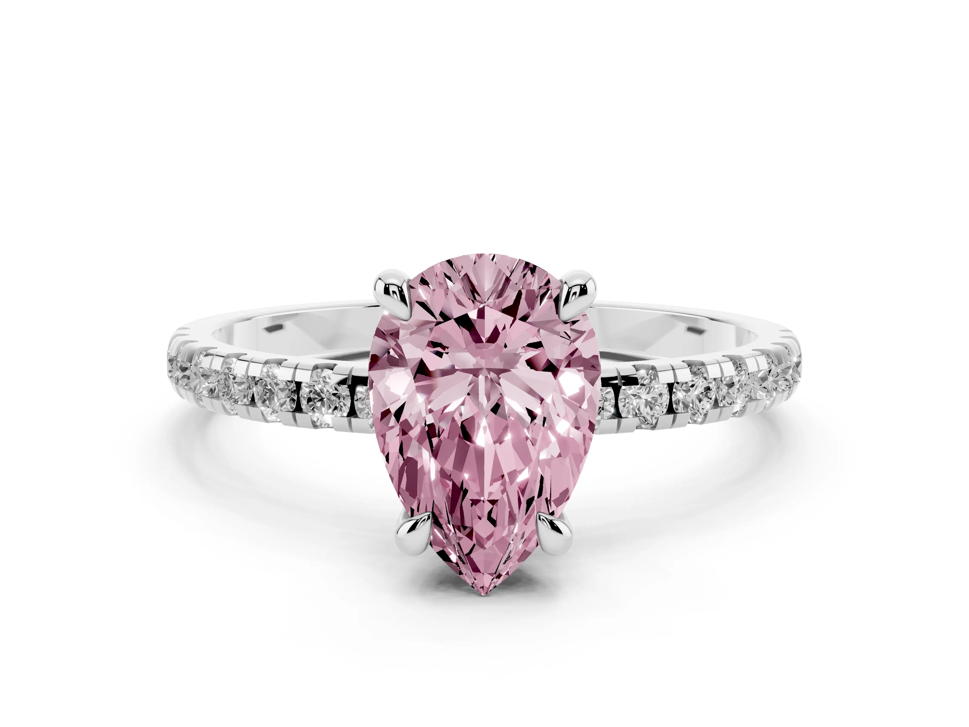 Fancy Pink Pear Cut Diamond Brilliant Solitaire Ring Set in White gold with Pavé Band and Prong Setting