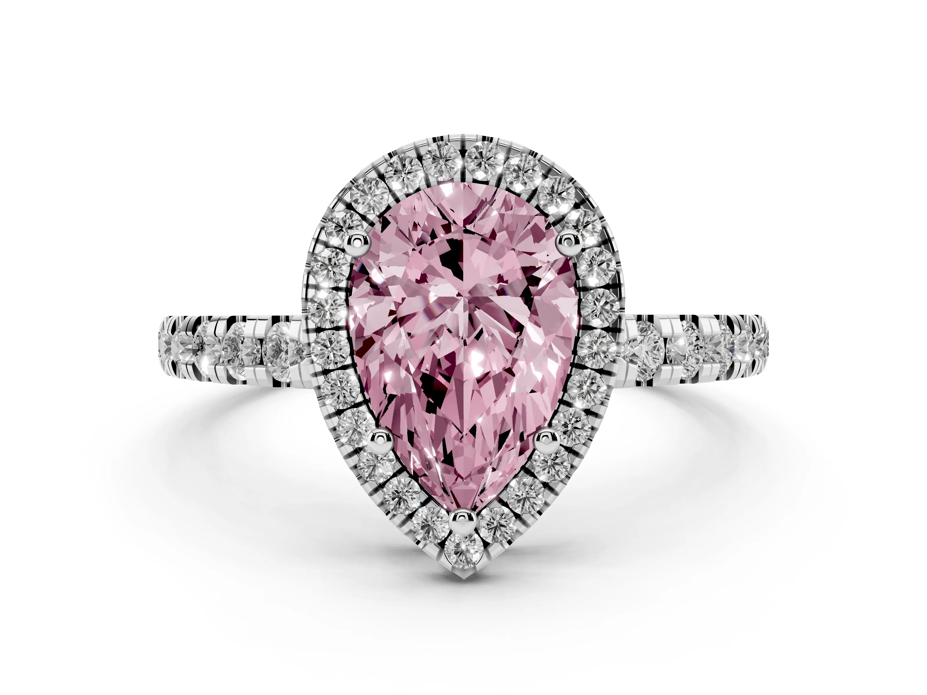 Fancy Pink Pear Cut Diamond Halo Ring Set in White gold with Delicate Pavé Band and Prong Setting