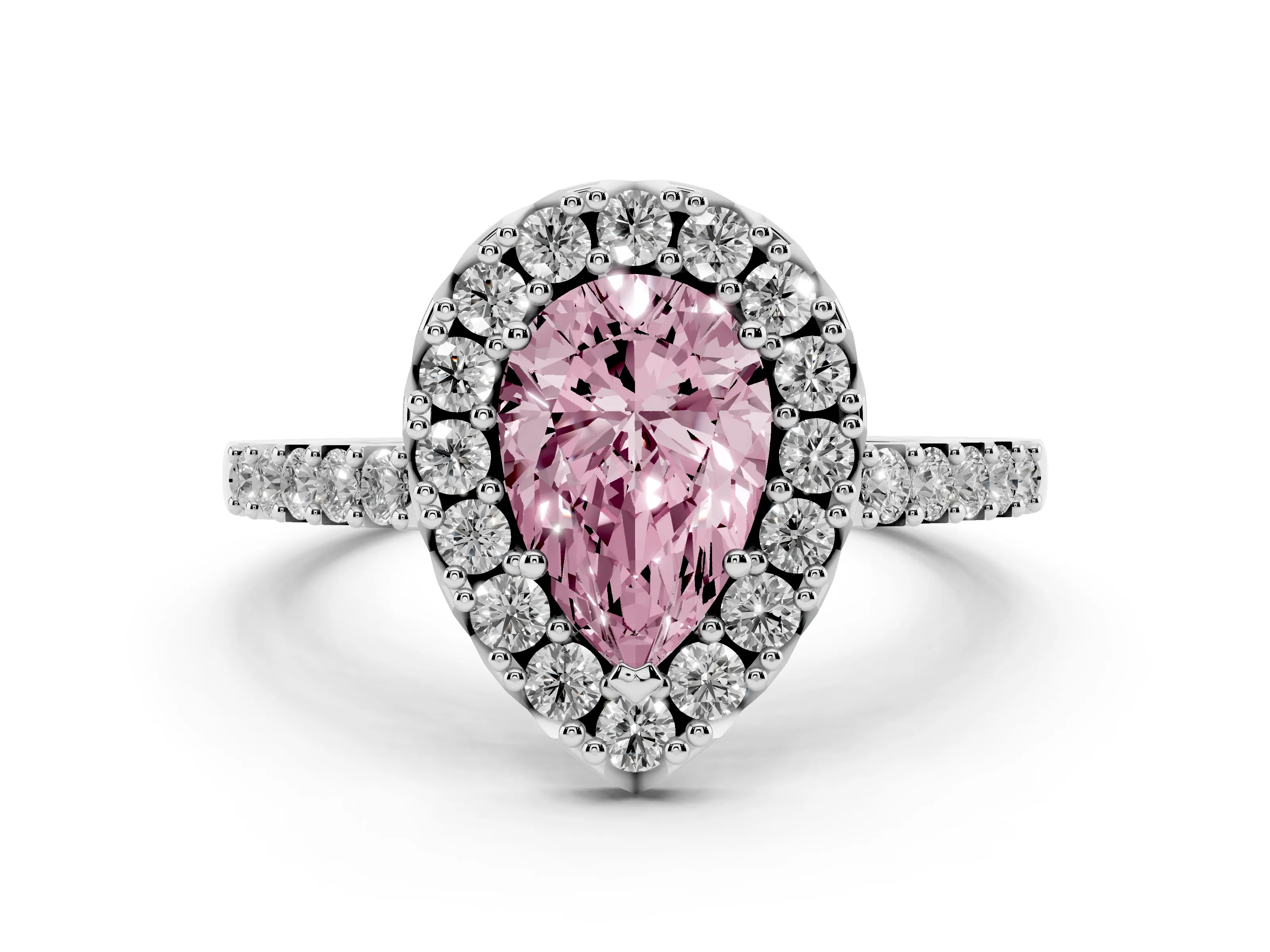 Fancy Pink Pear Cut Diamond Halo Pavé Solitaire Ring Set in Silver with Prong-Set Center Stone