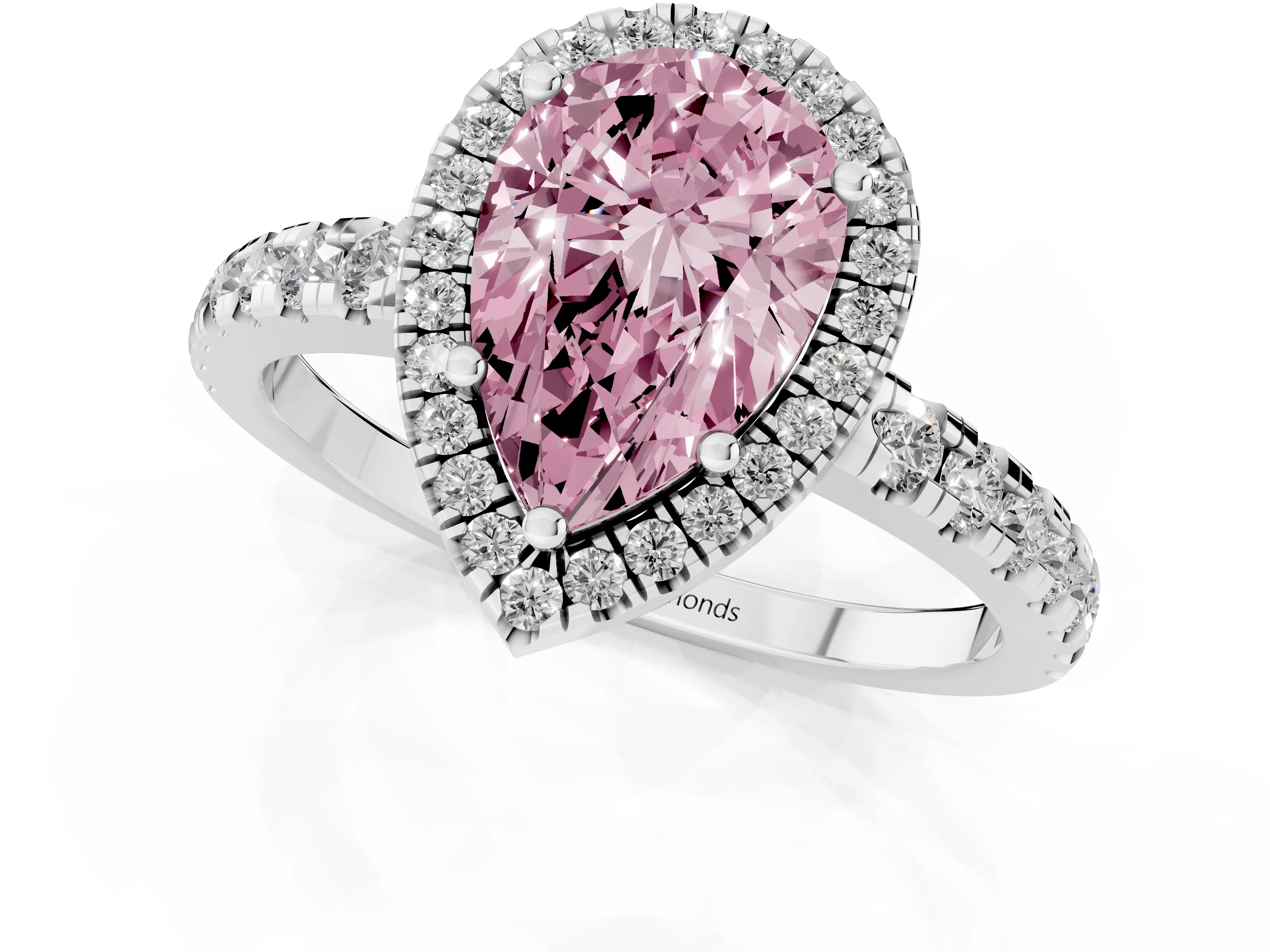 Fancy Pink Pear Cut Diamond Halo Ring Set in White gold with Delicate Pavé Band and Prong Setting