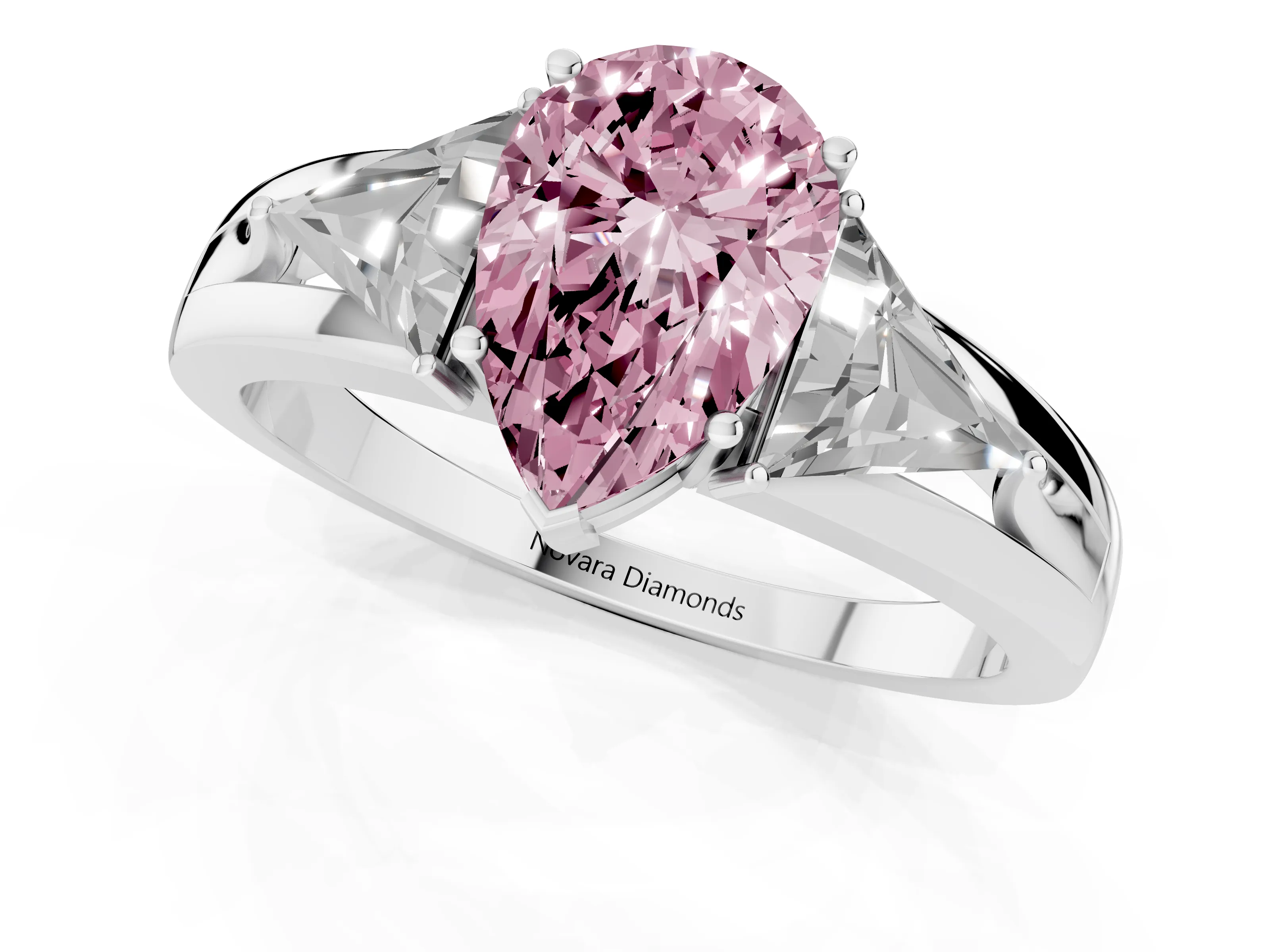 Fancy Pink Pear Cut Diamond Three-Stone Ring Set in Silver with Trillion Side Stones and Split Shank