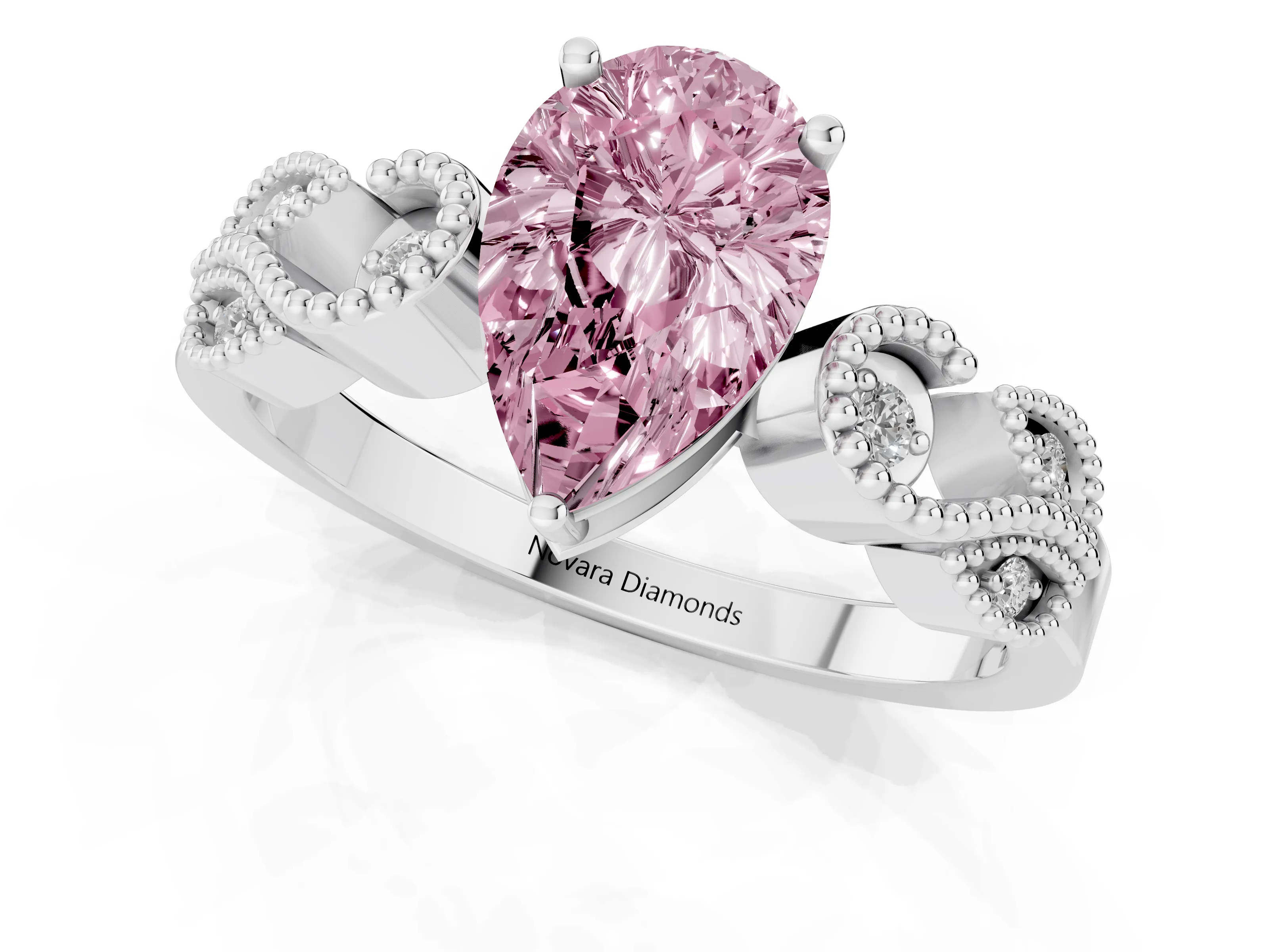 Fancy Pink Pear Cut Diamond Milgrain Leaf Band Solitaire Ring Set in White gold with Accent Stones and Prong Setting