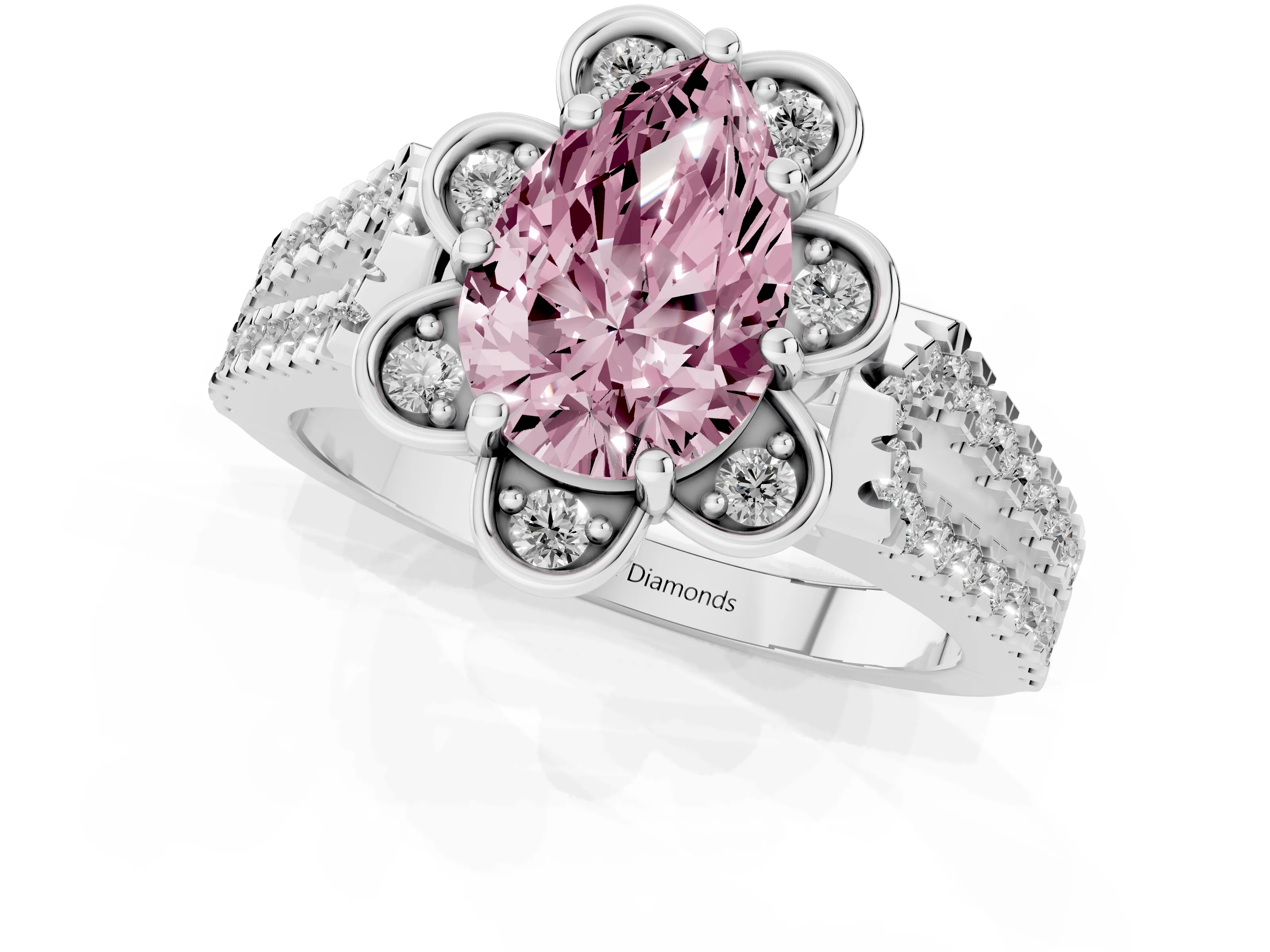 Fancy Pink Pear Cut Diamond Floral Halo Split Shank Engagement Ring Set in White gold with Pavé Shank