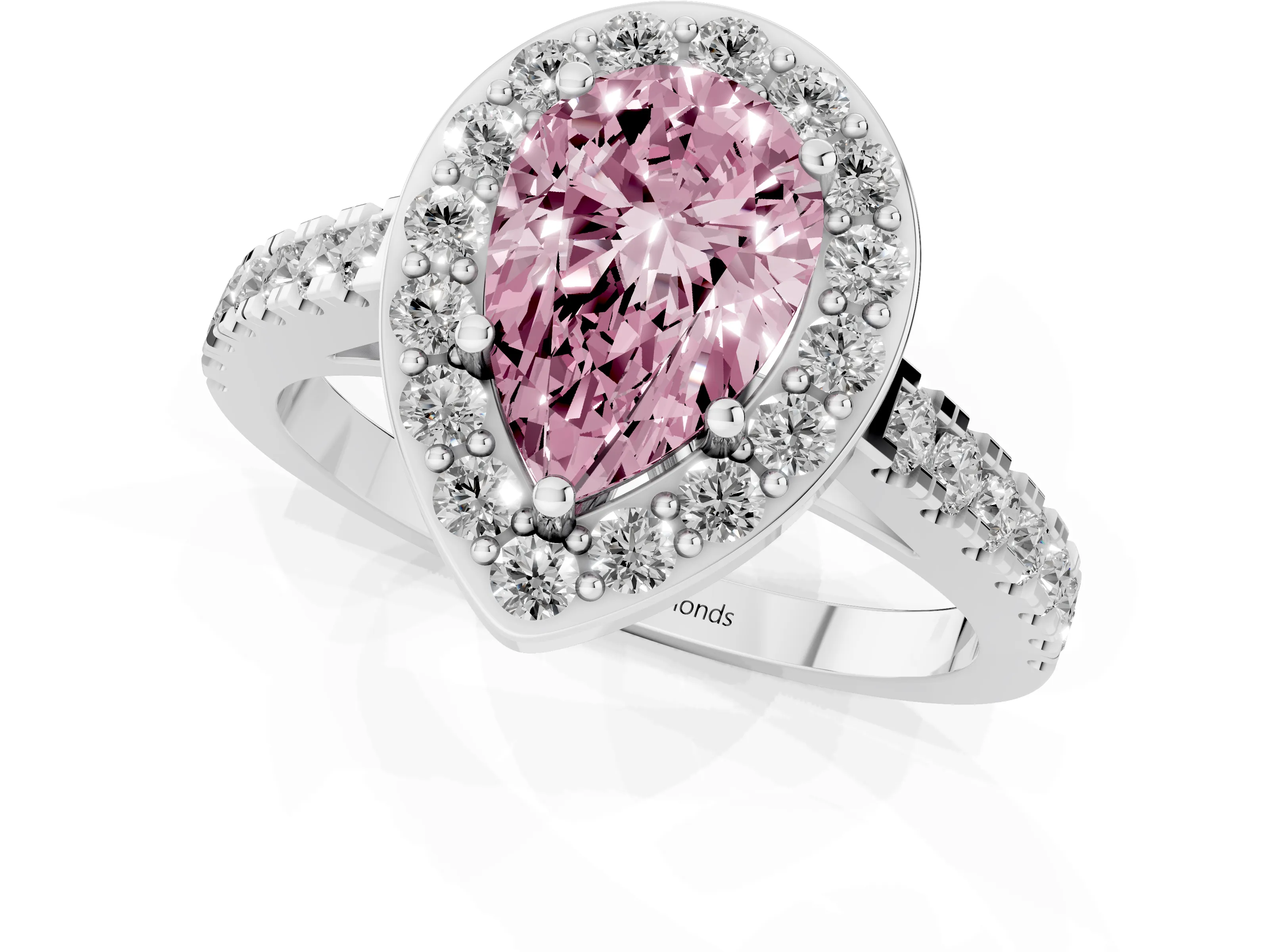 Fancy Pink Pear Cut Diamond Halo Ring Set in Silver with Round Pavé Split Shank and Prong Setting
