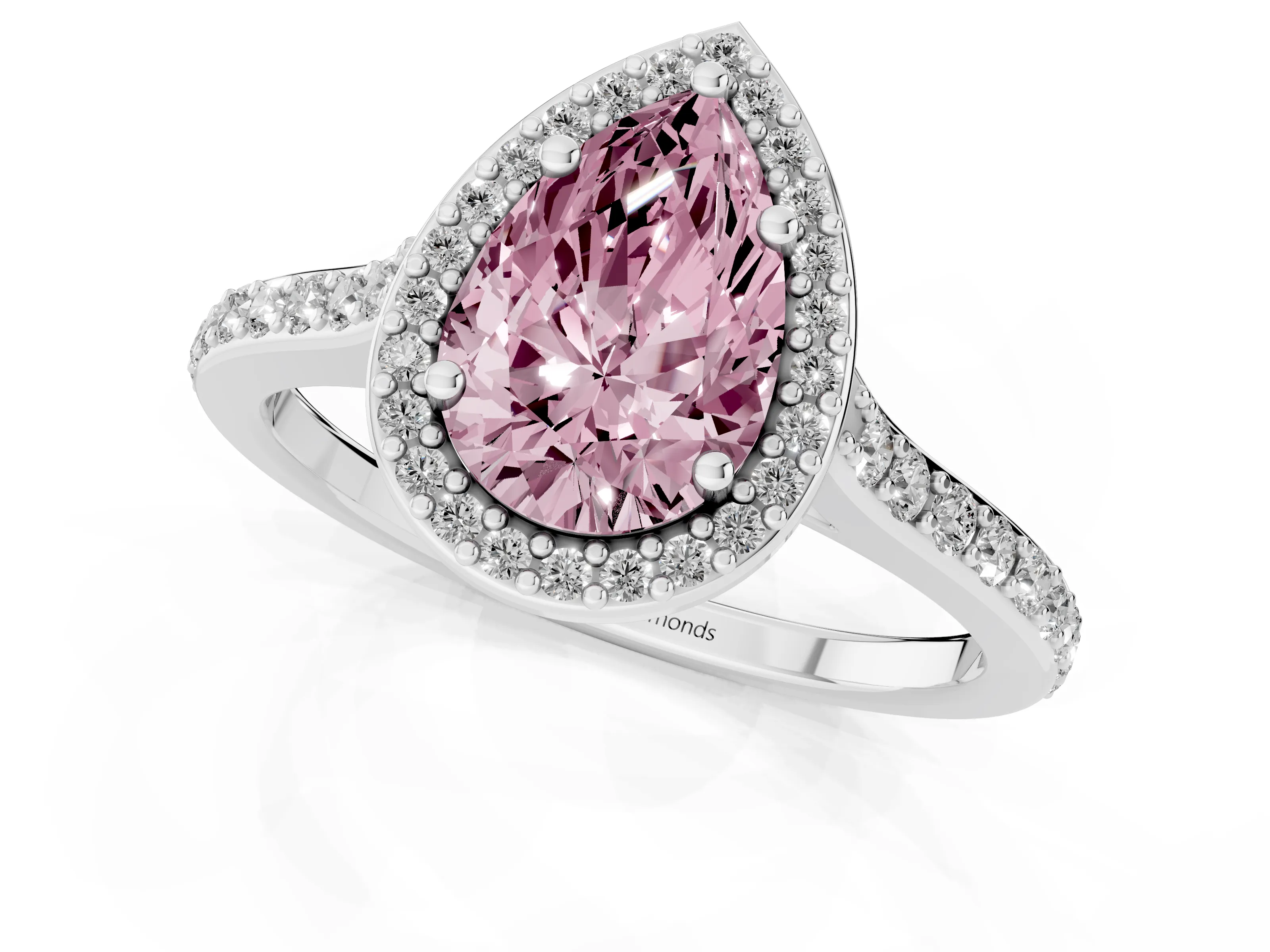 Fancy Pink Pear Cut Diamond Halo Engagement Ring Set in Platinum with Round Pavé Shoulders and Heart Gallery – second view