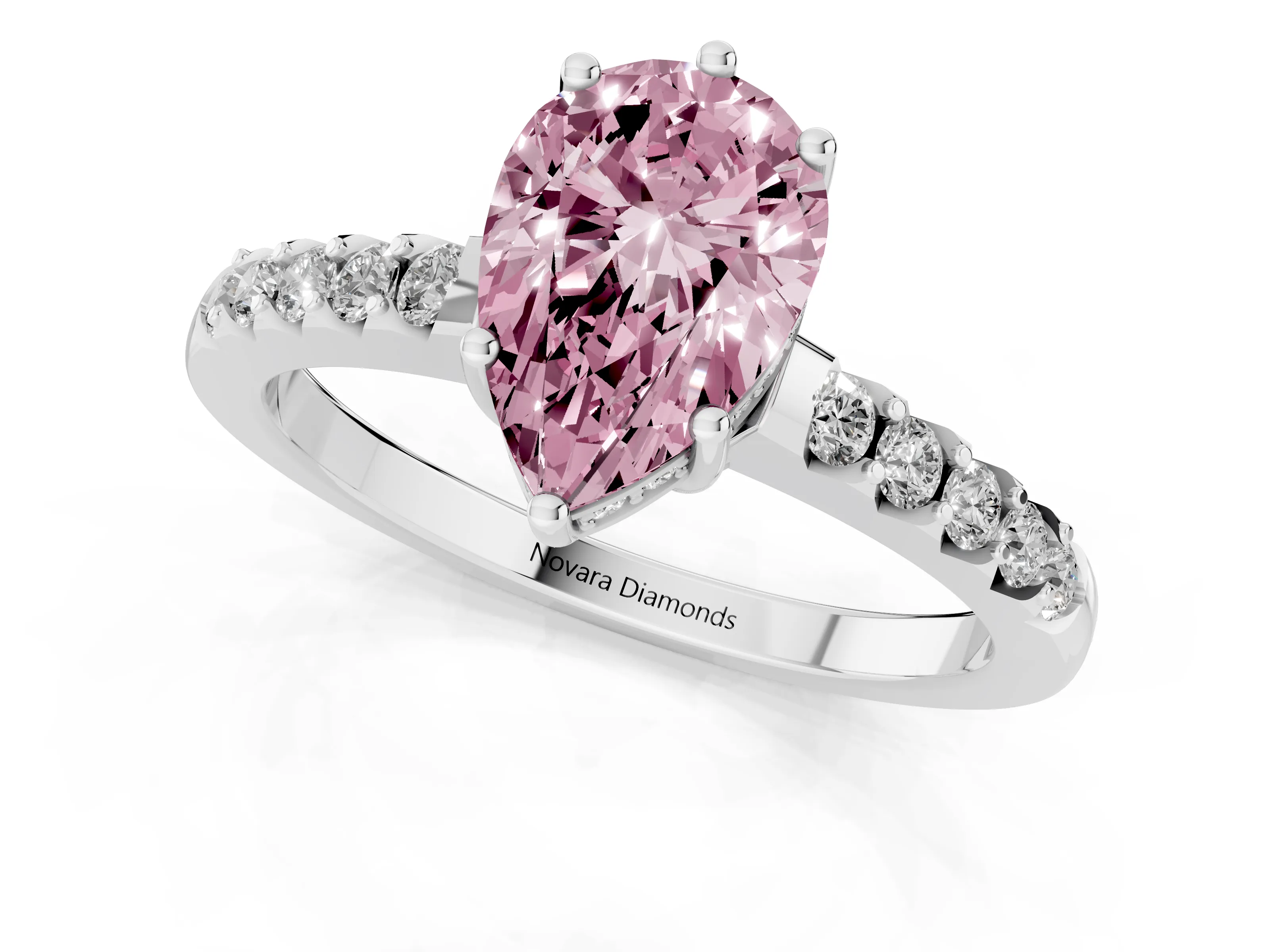 Fancy Pink Pear Cut Diamond Solitaire Engagement Ring Set in Platinum with Pavé Band and Prong Setting