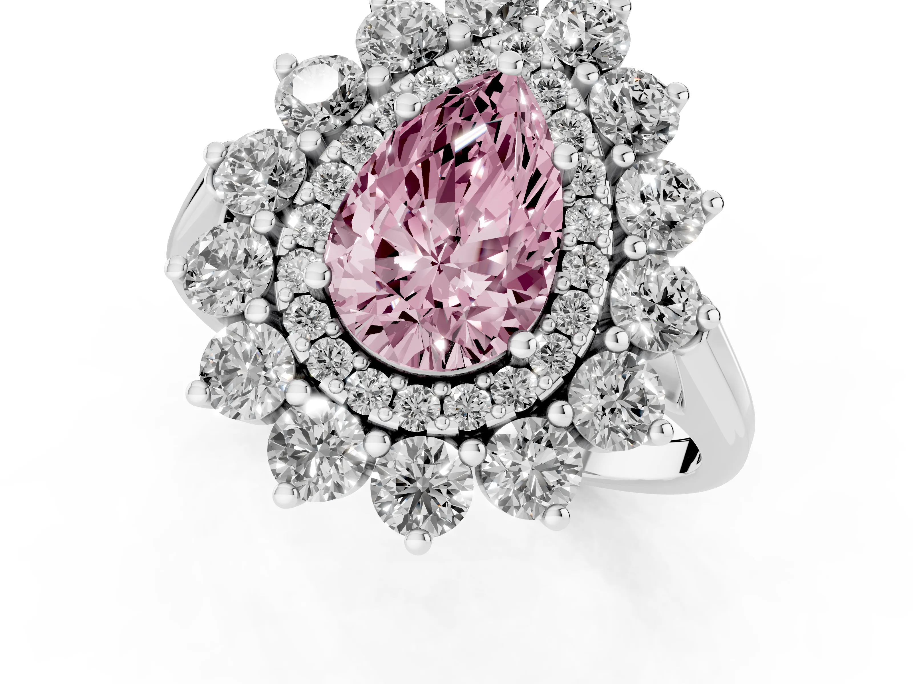 Fancy Pink Pear Cut Diamond Floral Double Halo Ring Set in White gold with Round Petals