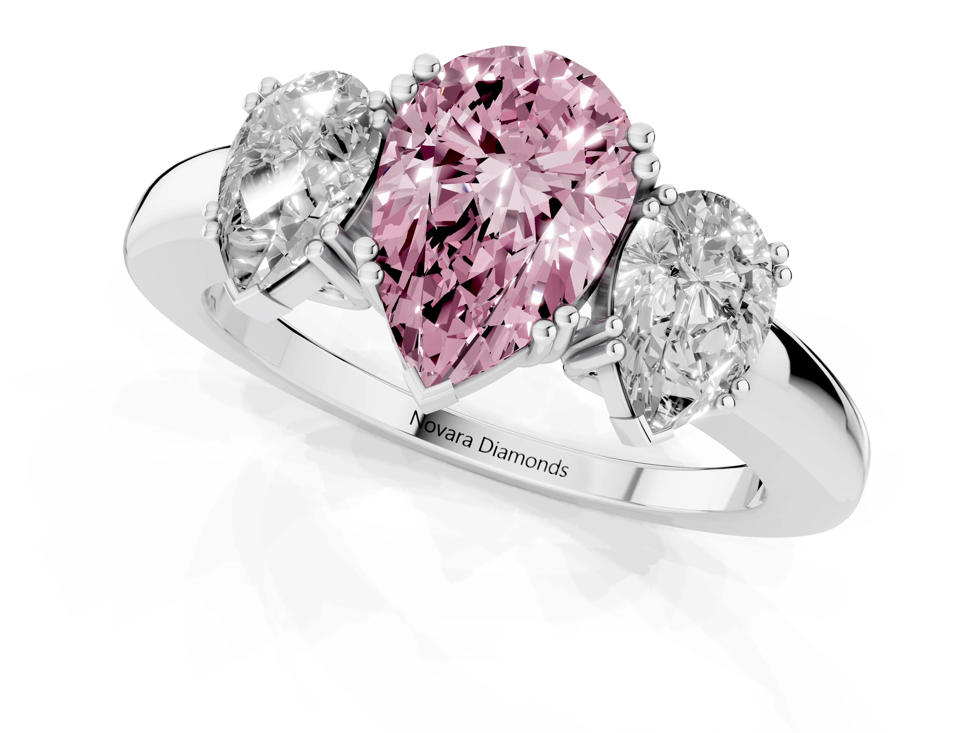 Fancy Pink Pear Cut Diamond Three-Stone Ring Set in White gold with Polished Channel-Set Band